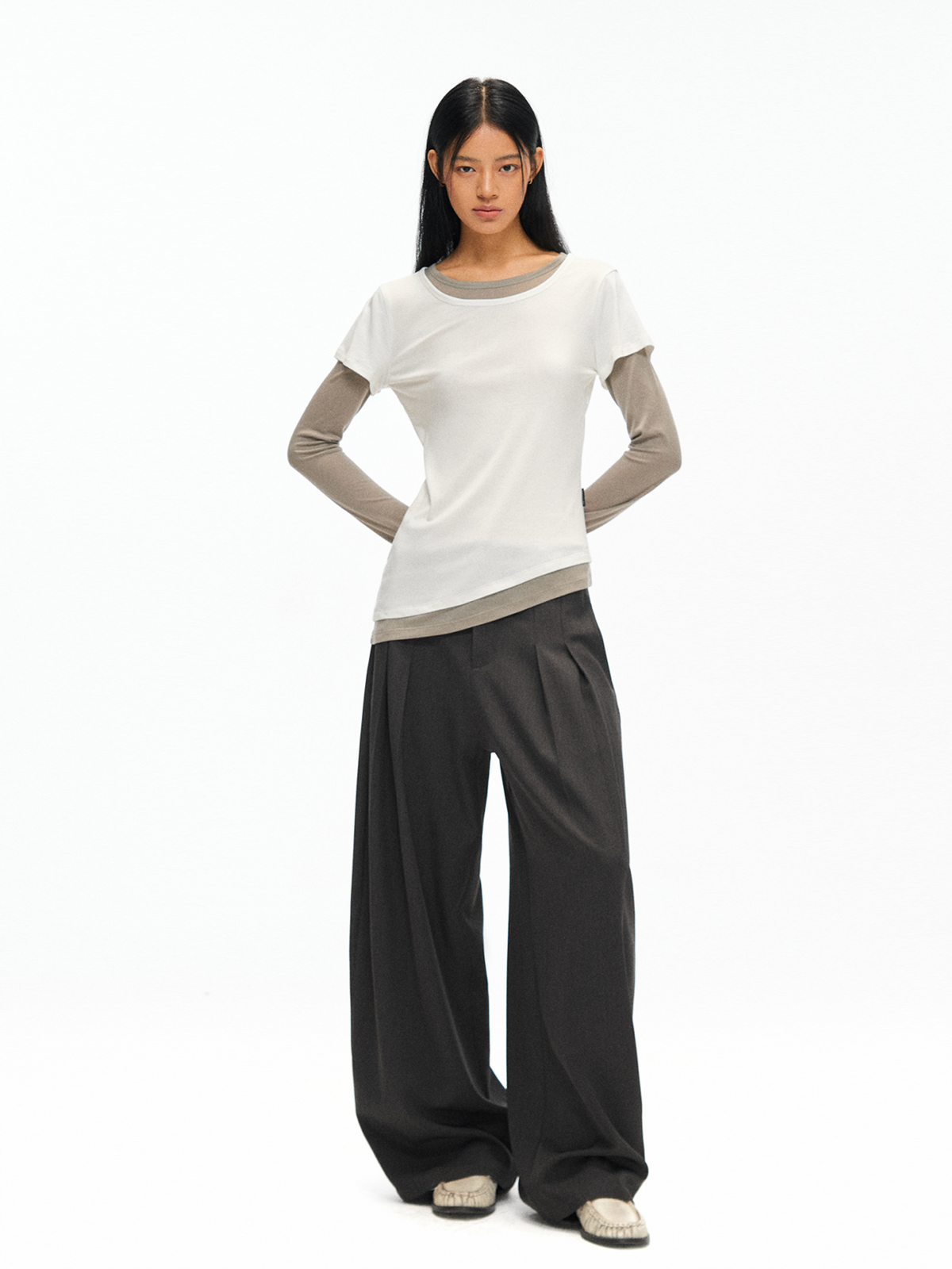 TGNS Pleated Curved Wide-Leg Trousers