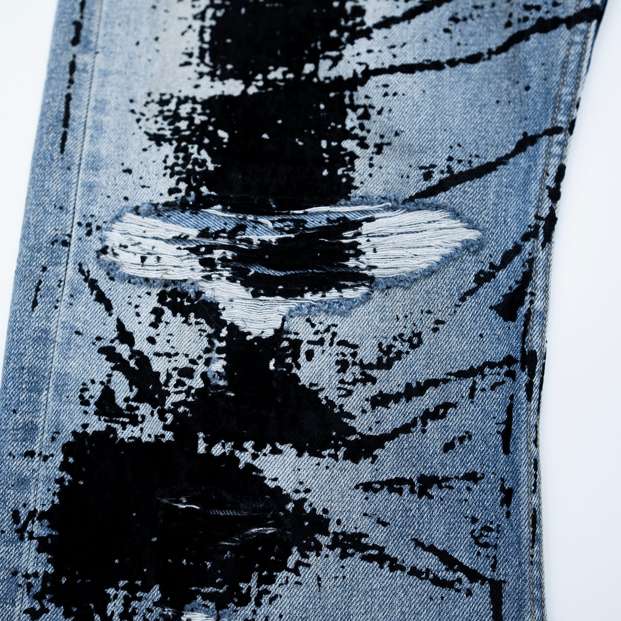 FVVO Distressed Flocked Slant Fly Jeans