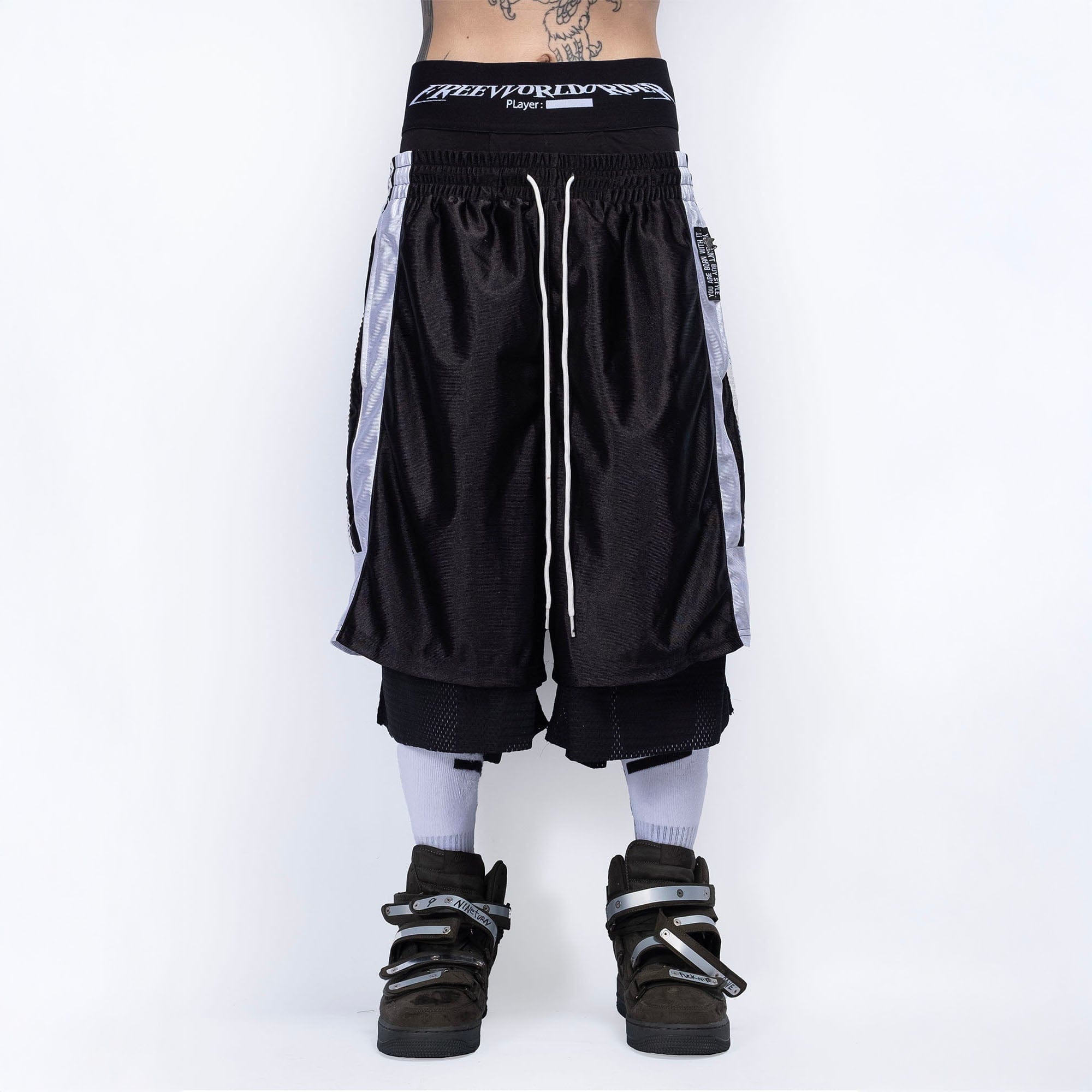 FVVO Layered Mesh Satin Striped Shorts, premium urban and streetwear designers apparel on PROJECTISR.com, FVVO