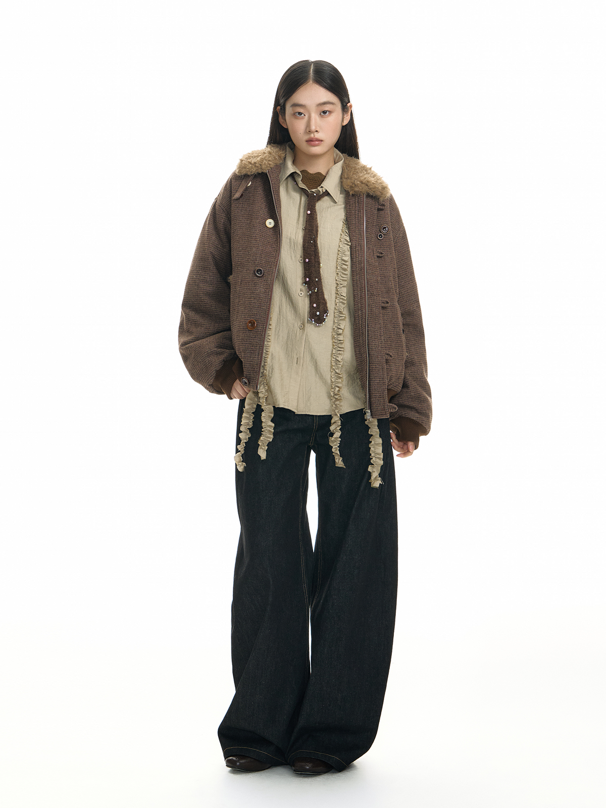TGNS Striped Faux Fur Collar Cotton-Padded Jacket
