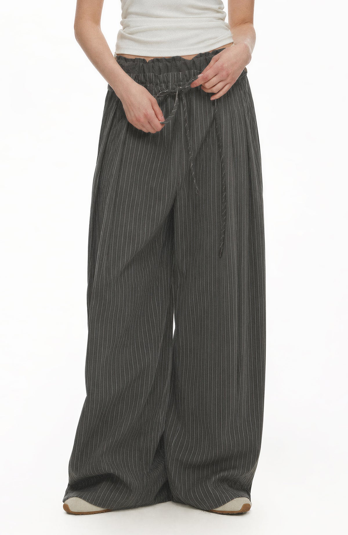 TGNS Ruched Double-Waist Striped Pleated Wide-Leg Trousers