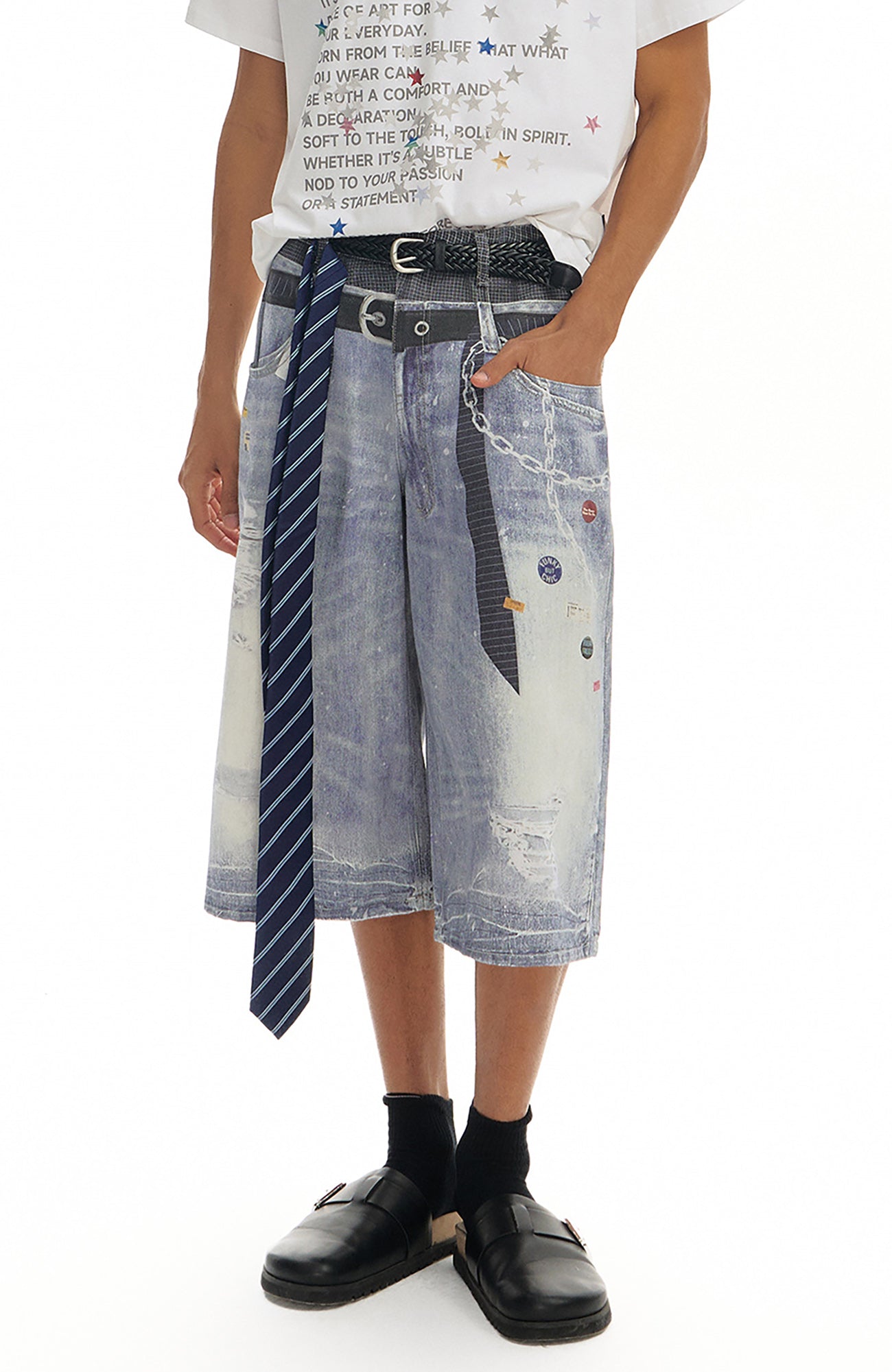 TGNS Trompe-l'œil  Distressed Double-Waist Jorts
