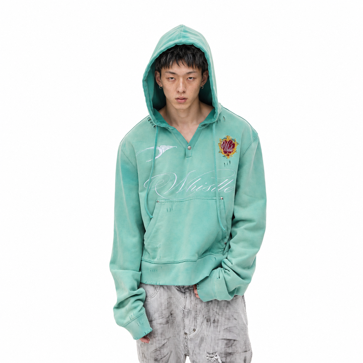WHISTLEHUNTER Distressed Embroidered V-Neck Hoodie