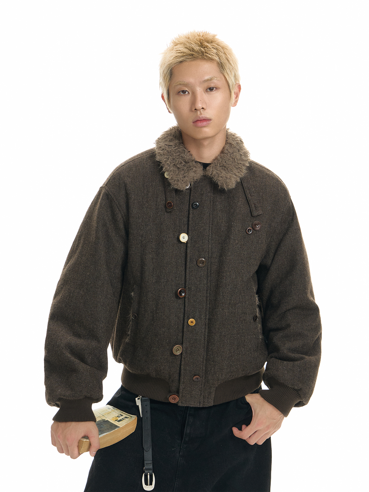 TGNS Striped Faux Fur Collar Cotton-Padded Jacket