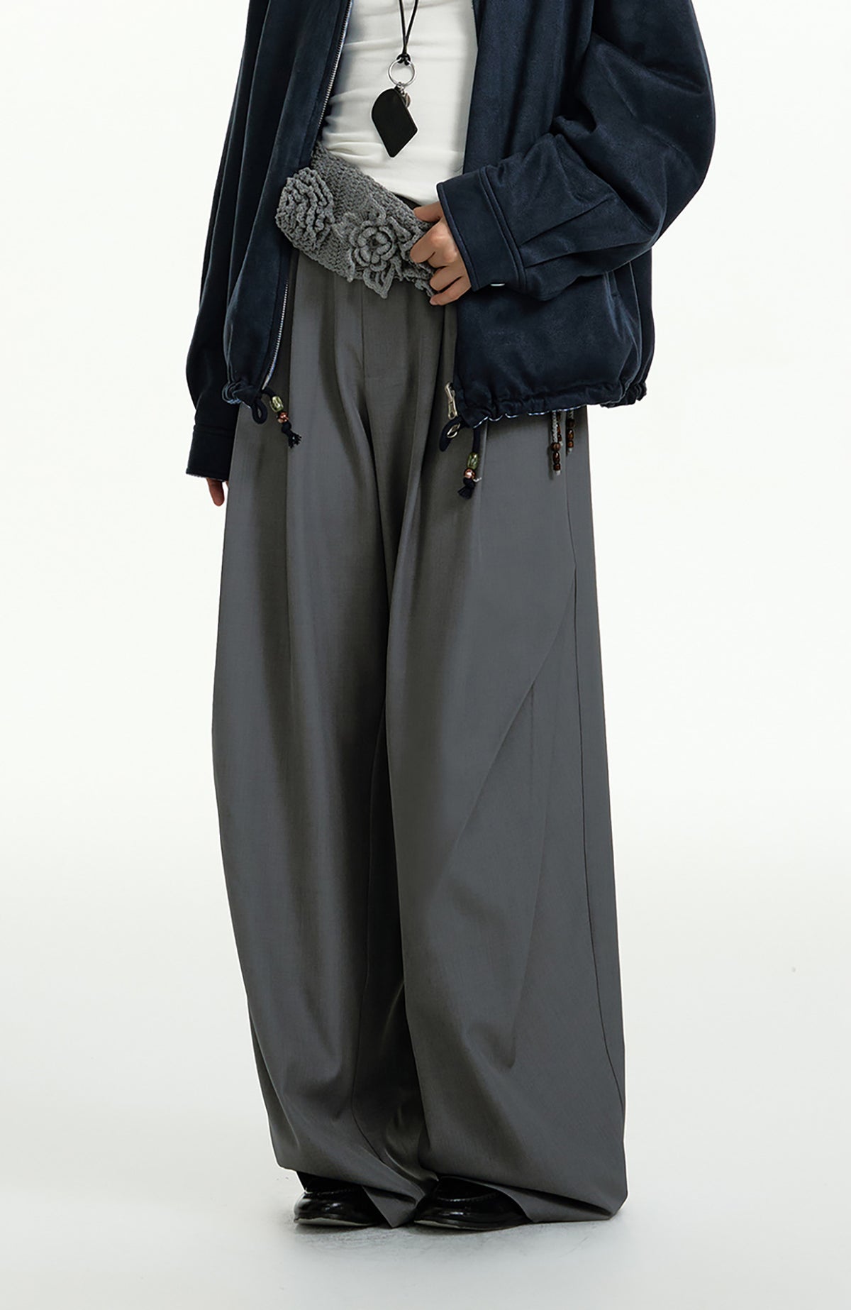 TGNS Elastic Waistband Pleated Wide-Leg Trousers