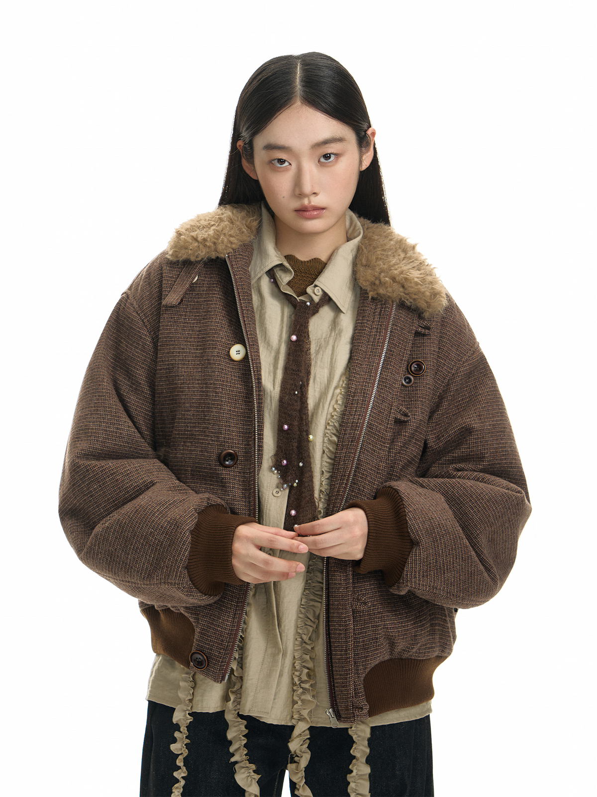 TGNS Striped Faux Fur Collar Cotton-Padded Jacket