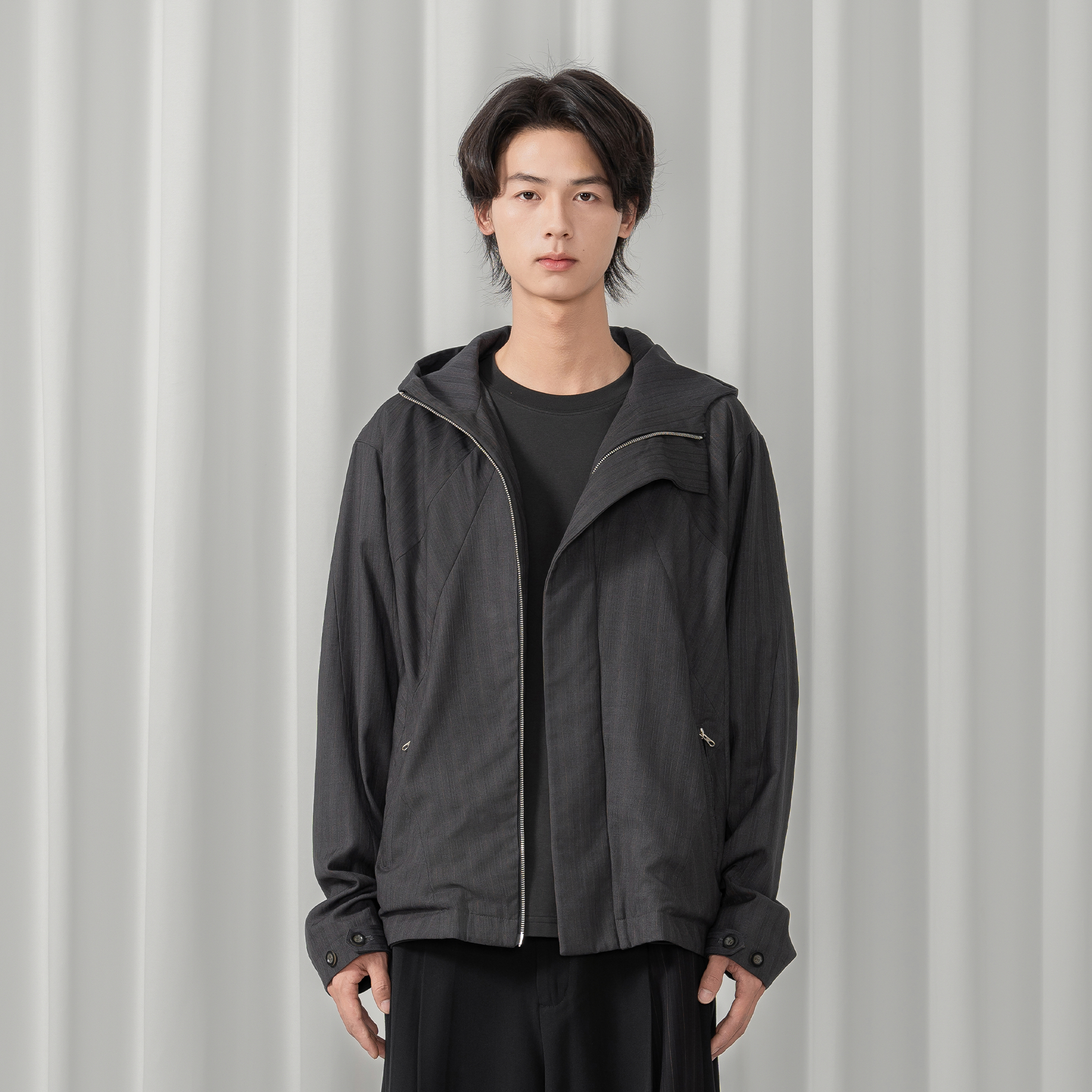 MOITIEDEPETALE Striped Magnetic-Front Hooded Coat