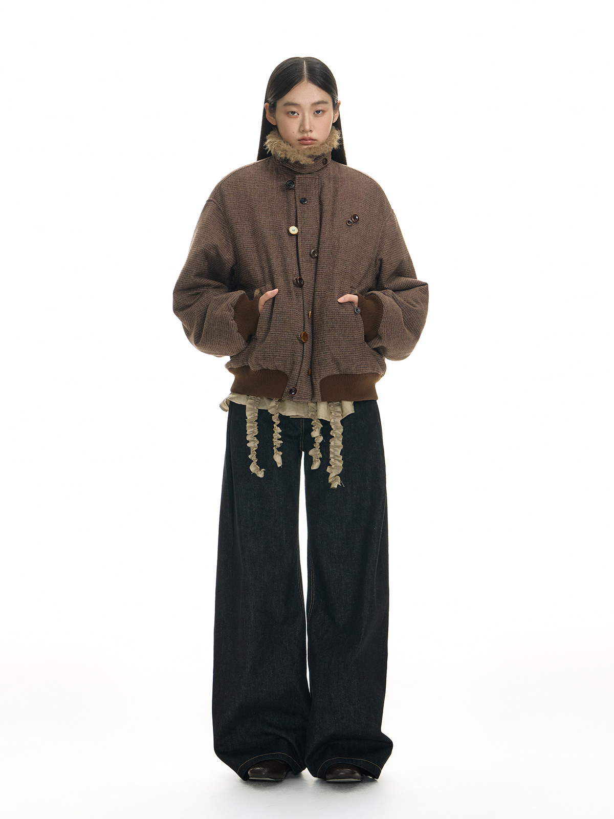 TGNS Striped Faux Fur Collar Cotton-Padded Jacket