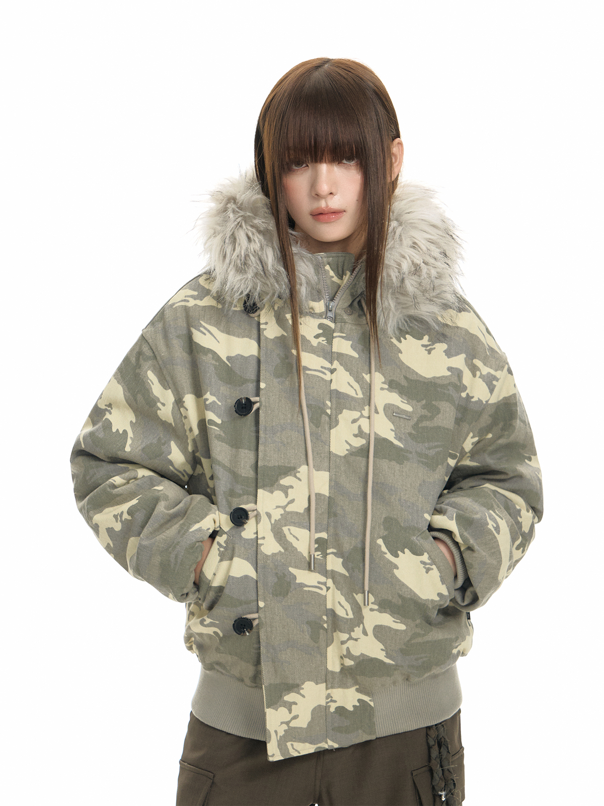 TGNS Detachable Fur-Collar Hooded Padded Parka