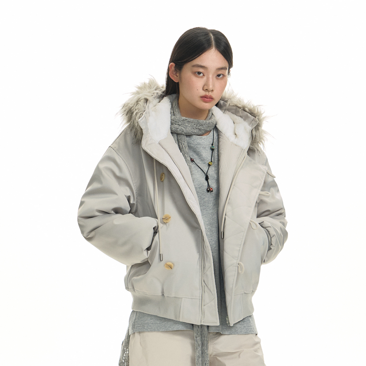 TGNS Detachable Fur-Collar Hooded Padded Parka