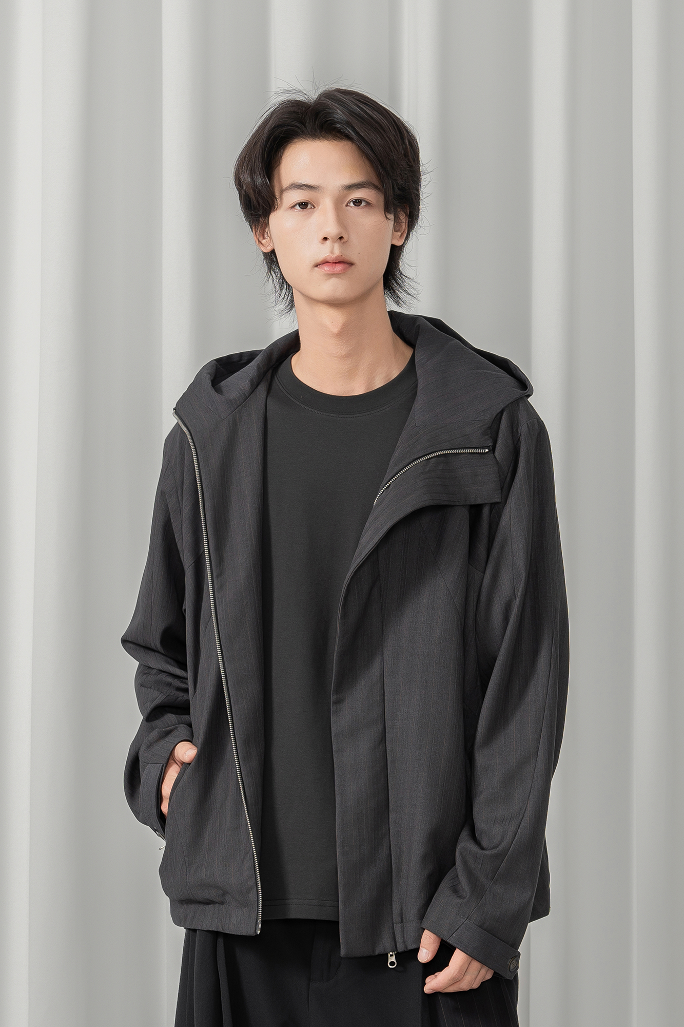 MOITIEDEPETALE Striped Magnetic-Front Hooded Coat
