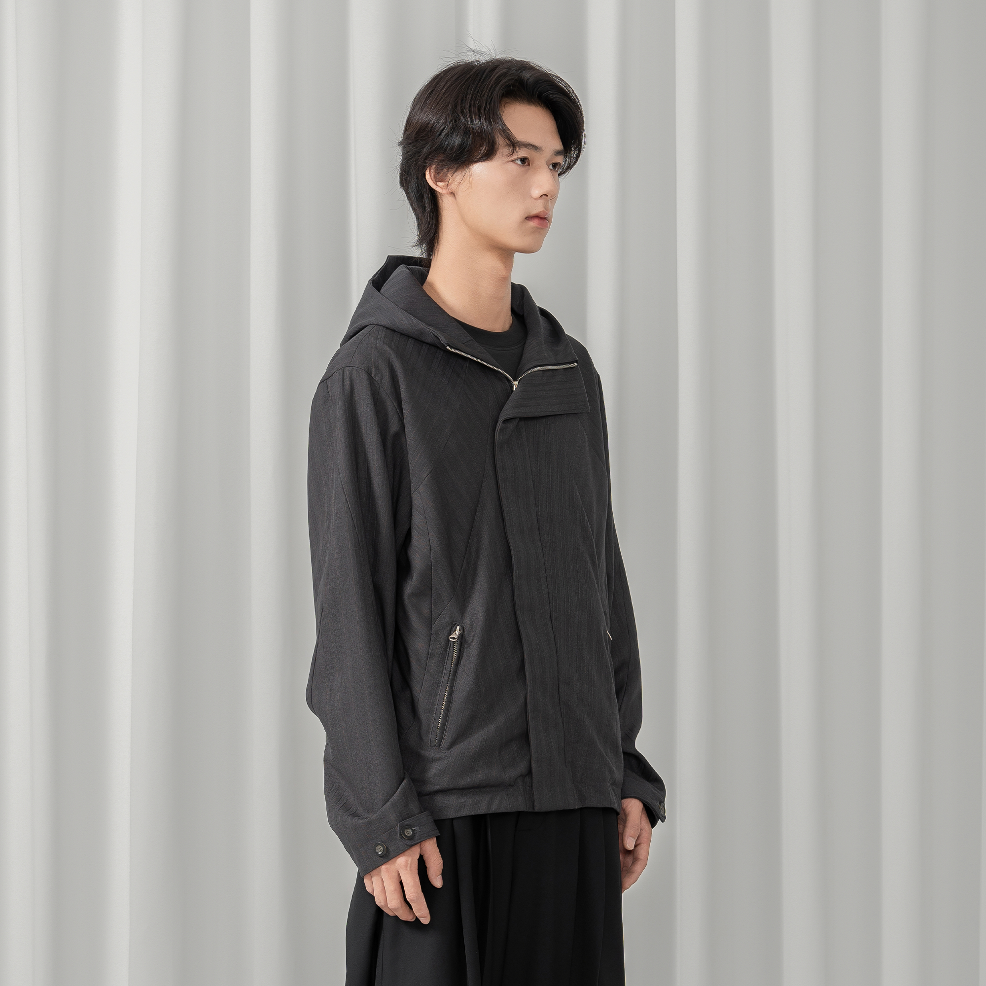 MOITIEDEPETALE Striped Magnetic-Front Hooded Coat