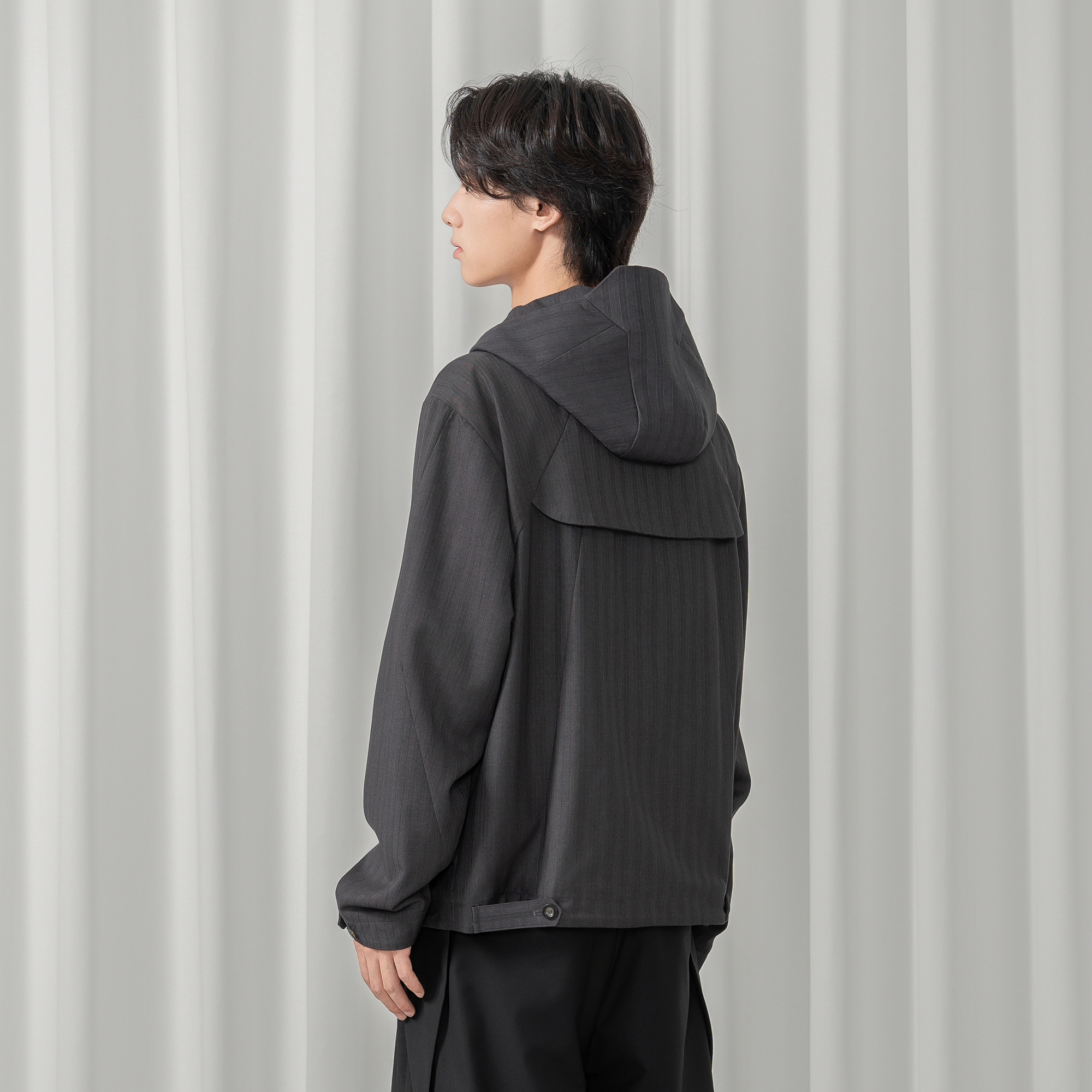 MOITIEDEPETALE Striped Magnetic-Front Hooded Coat