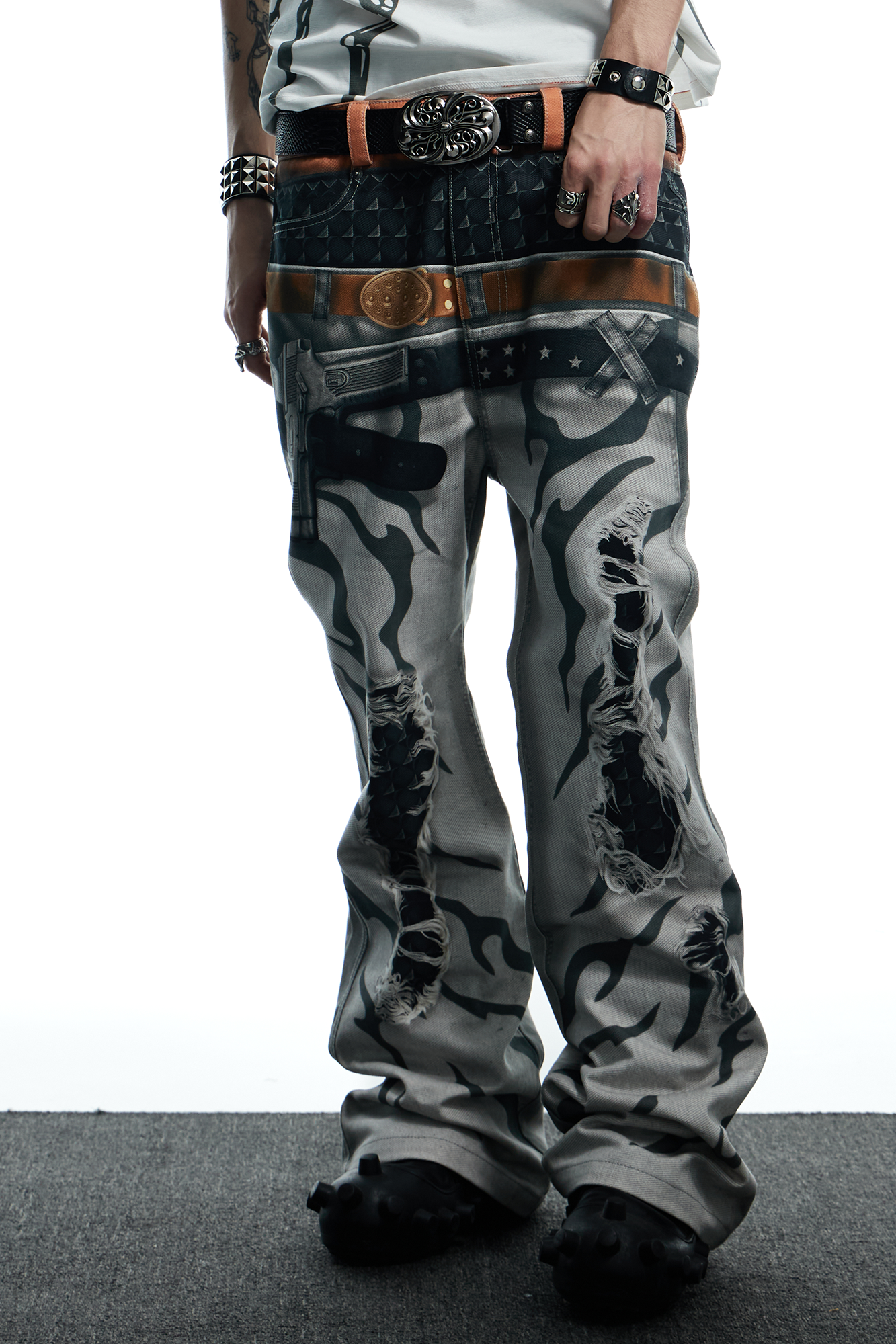 DND4DES Distressed Print Double-Waist Flare Jeans White, premium urban and streetwear designers apparel on PROJECTISR.com, DND4DES