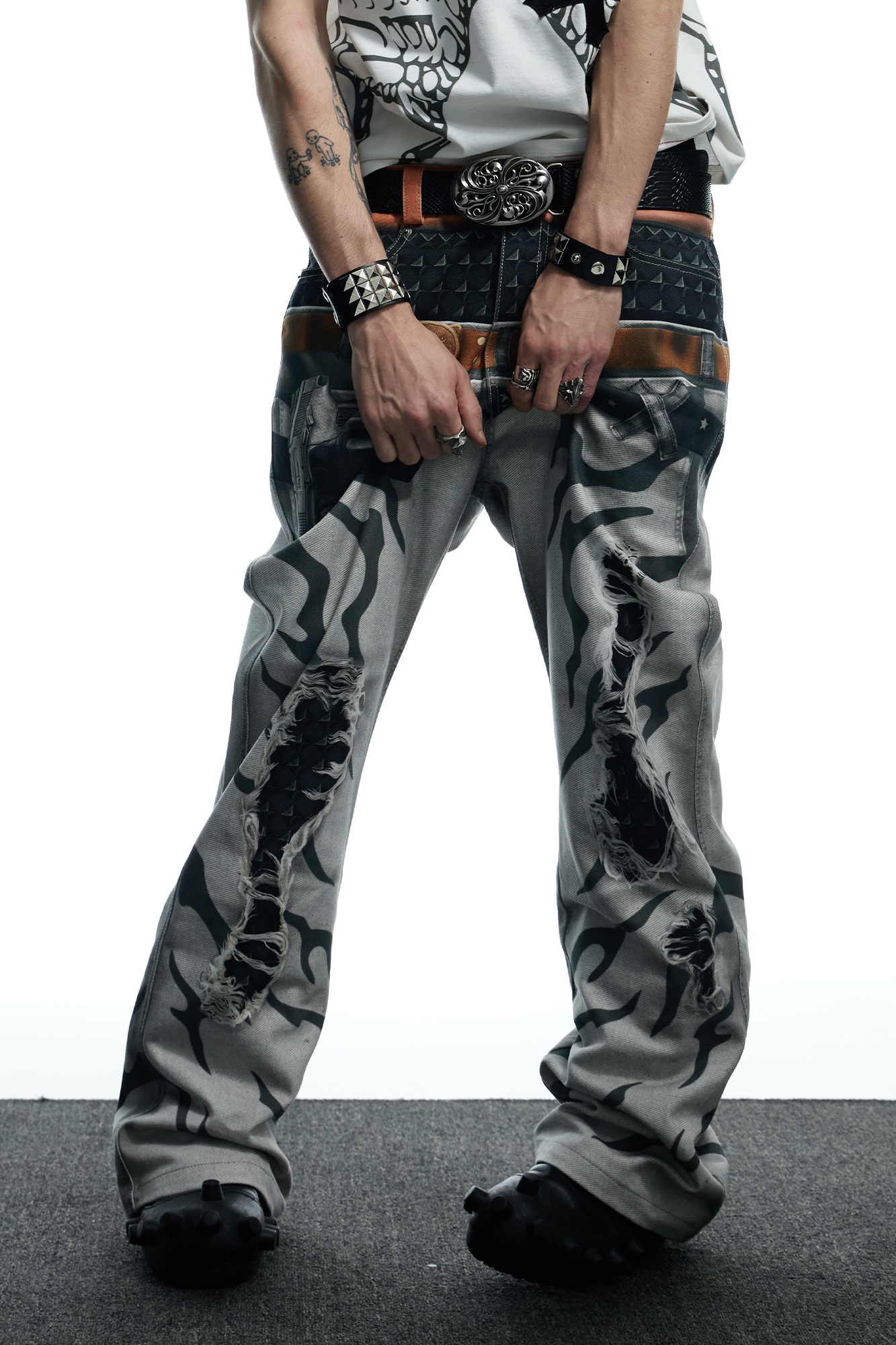 DND4DES Distressed Print Double-Waist Flare Jeans White, premium urban and streetwear designers apparel on PROJECTISR.com, DND4DES