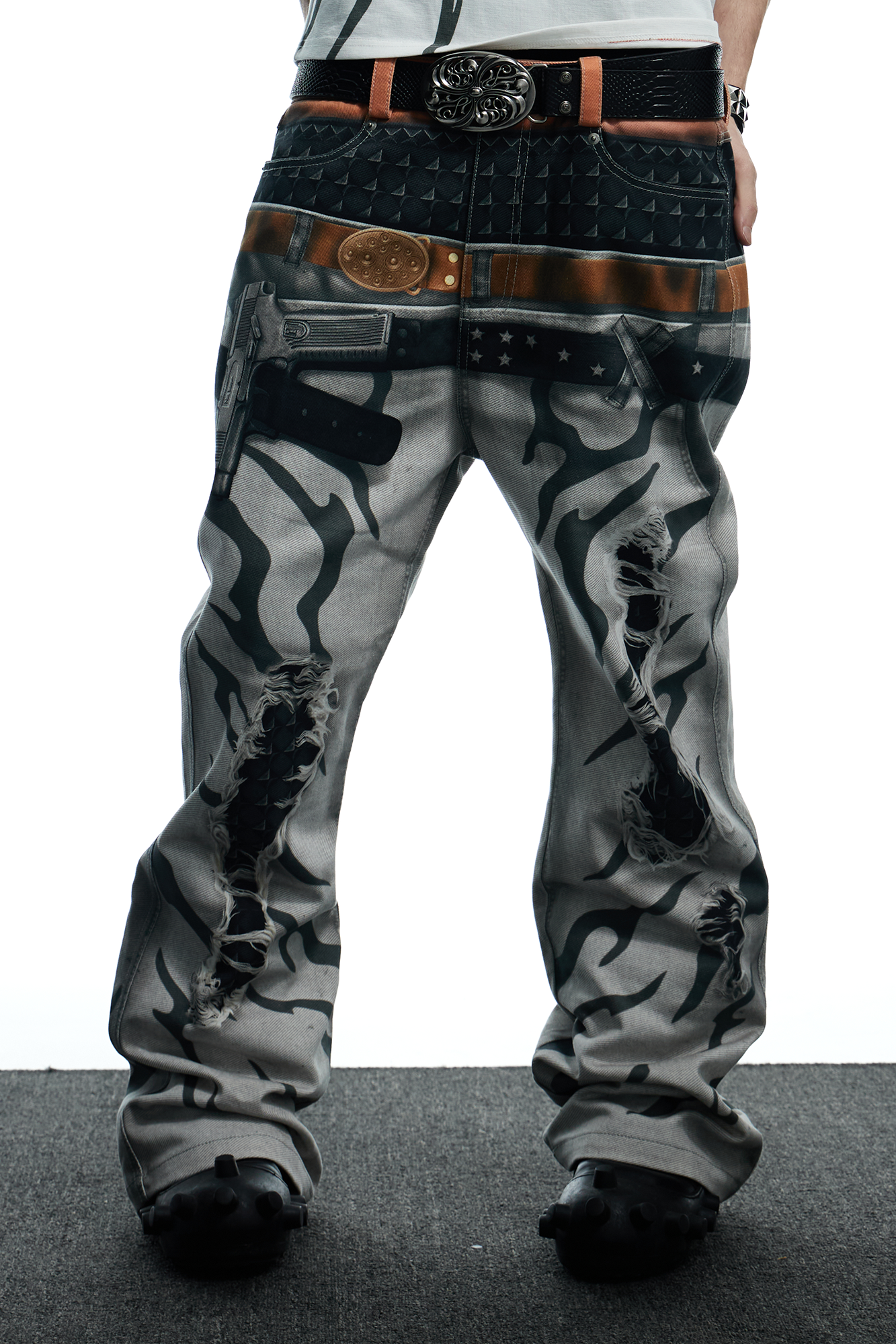 DND4DES Distressed Print Double-Waist Flare Jeans White, premium urban and streetwear designers apparel on PROJECTISR.com, DND4DES