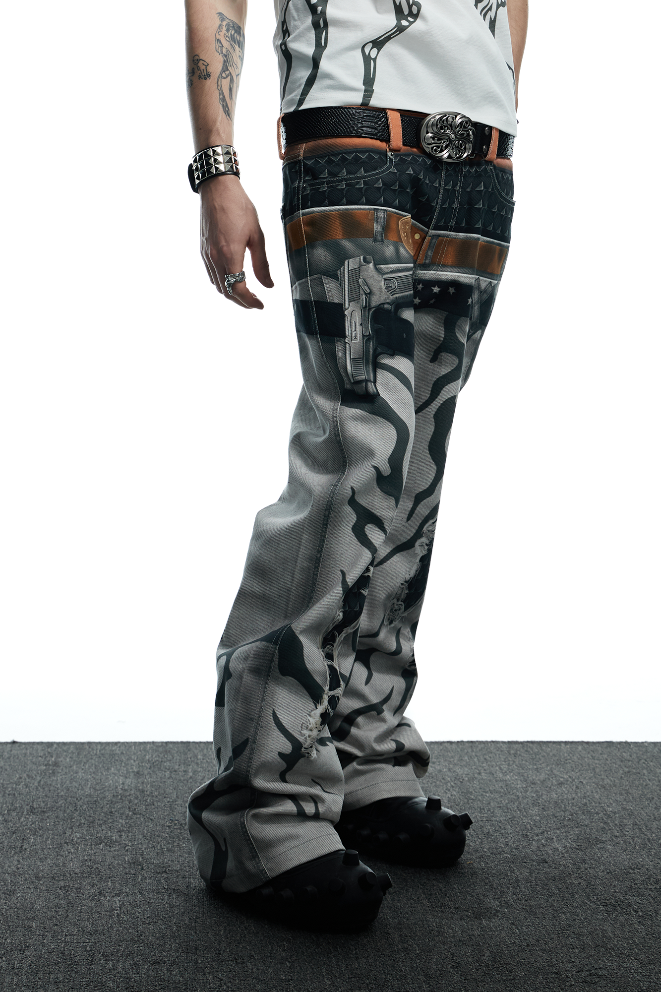 DND4DES Distressed Print Double-Waist Flare Jeans White, premium urban and streetwear designers apparel on PROJECTISR.com, DND4DES