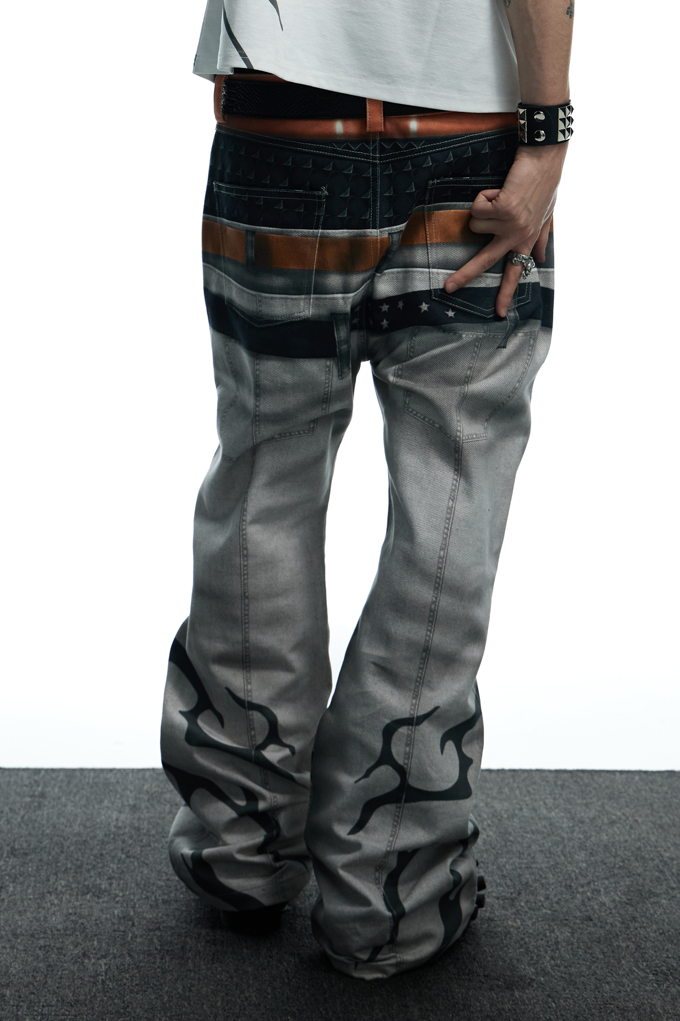 DND4DES Distressed Print Double-Waist Flare Jeans White, premium urban and streetwear designers apparel on PROJECTISR.com, DND4DES