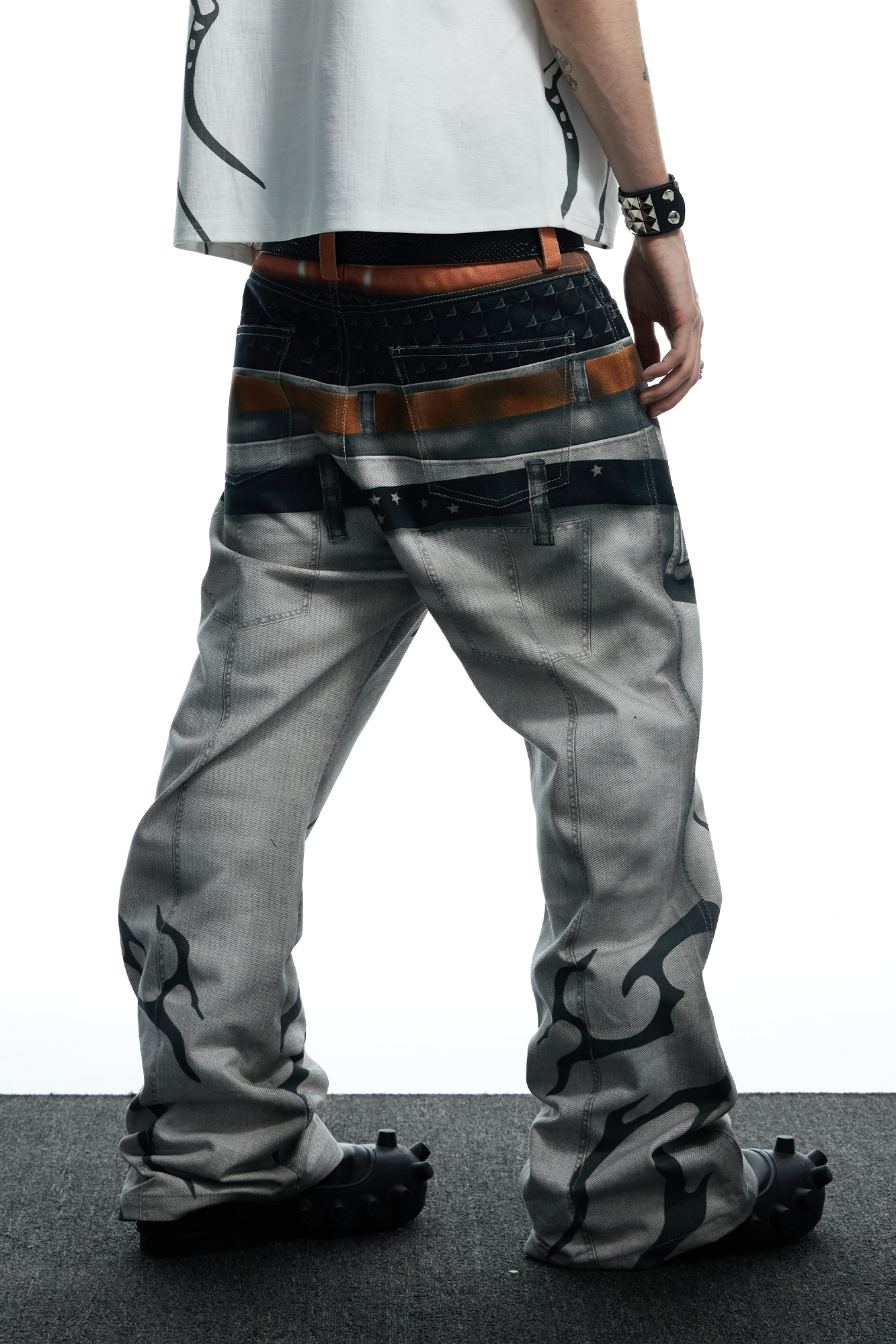 DND4DES Distressed Print Double-Waist Flare Jeans White, premium urban and streetwear designers apparel on PROJECTISR.com, DND4DES