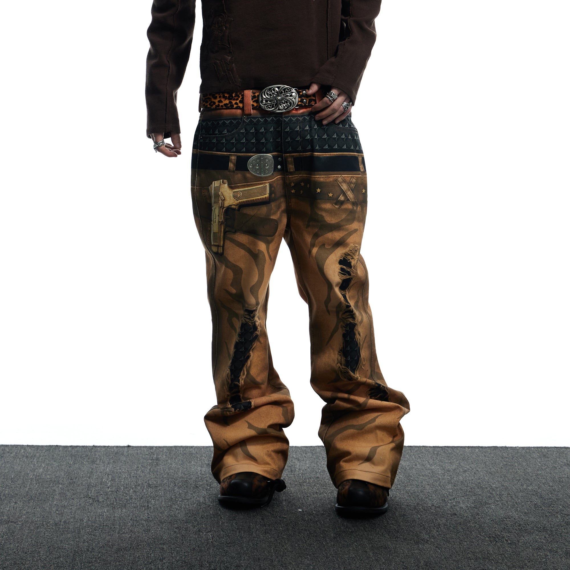 DND4DES Distressed Print Double-Waist Flare Jeans Khaki, premium urban and streetwear designers apparel on PROJECTISR.com, DND4DES