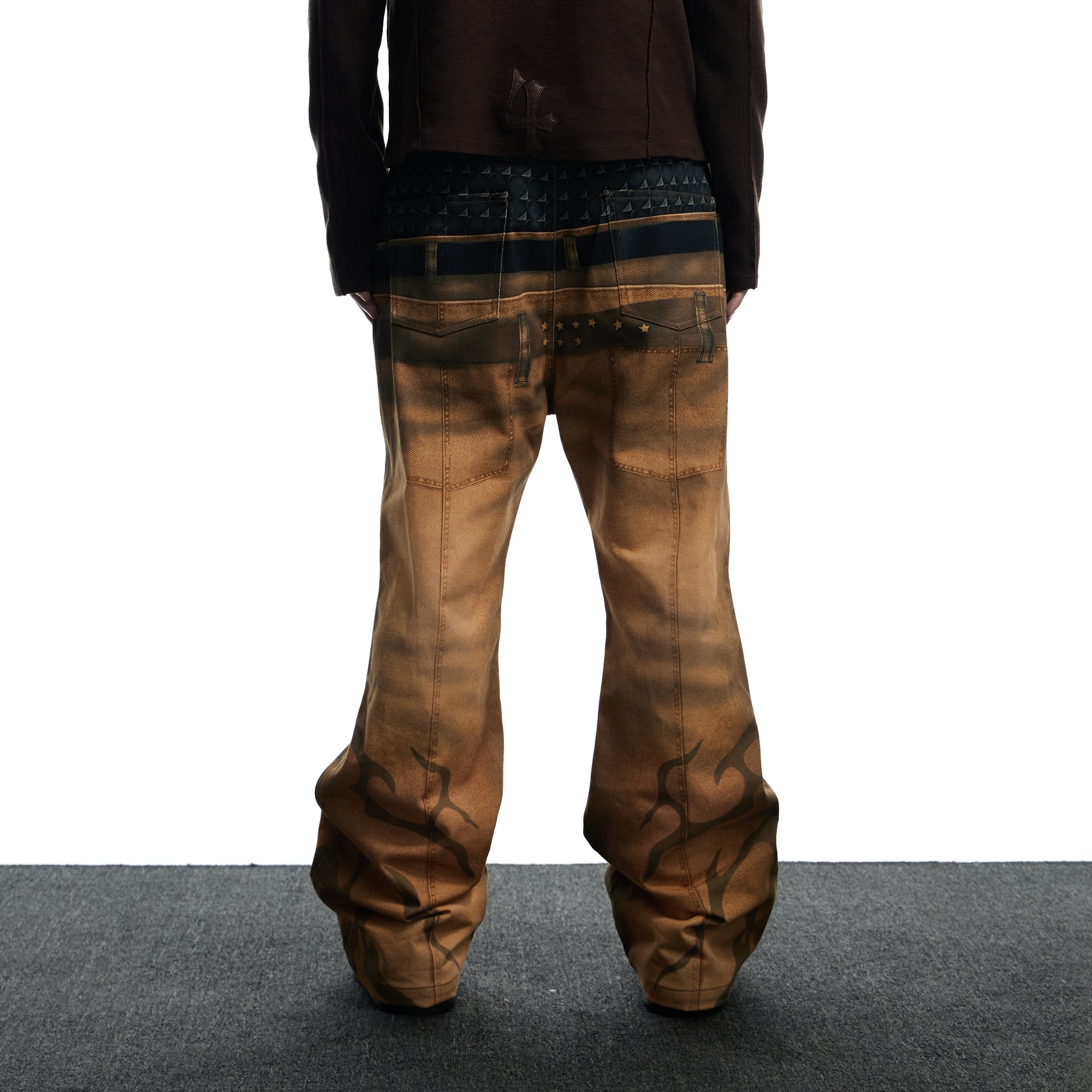 DND4DES Distressed Print Double-Waist Flare Jeans Khaki, premium urban and streetwear designers apparel on PROJECTISR.com, DND4DES