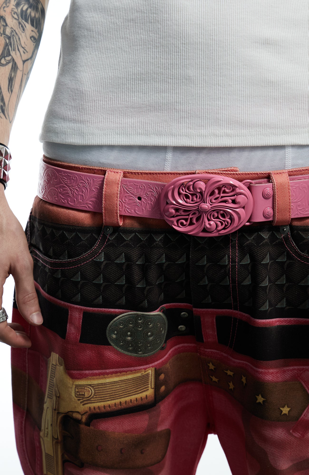 DND4DES Filigree Buckle Cowhide Leather Belt Pink, premium urban and streetwear designers apparel on PROJECTISR.com, DND4DES
