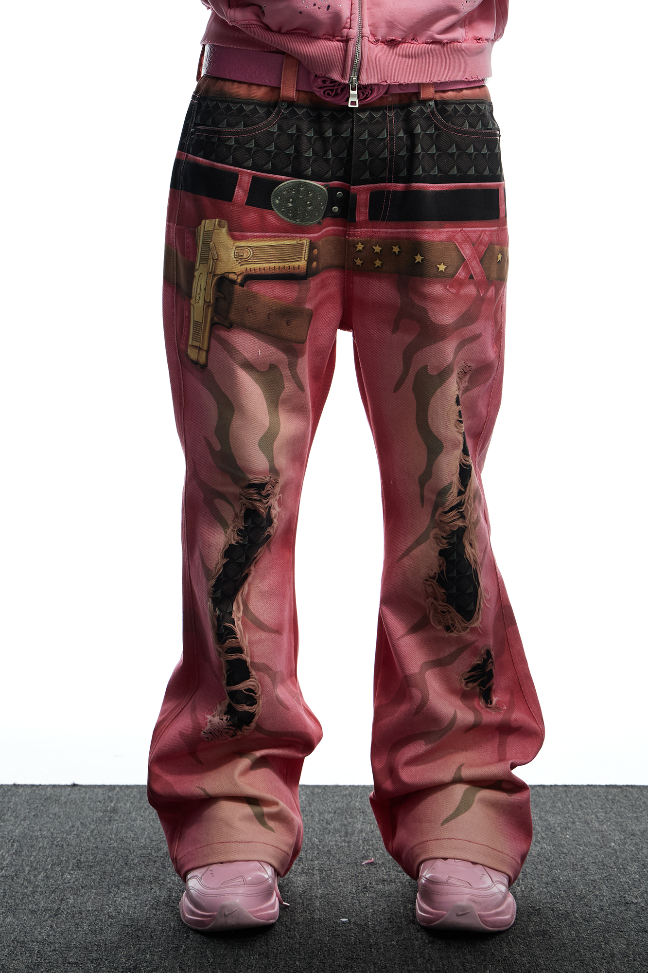 DND4DES Distressed Print Double-Waist Flare Jeans Pink, premium urban and streetwear designers apparel on PROJECTISR.com, DND4DES