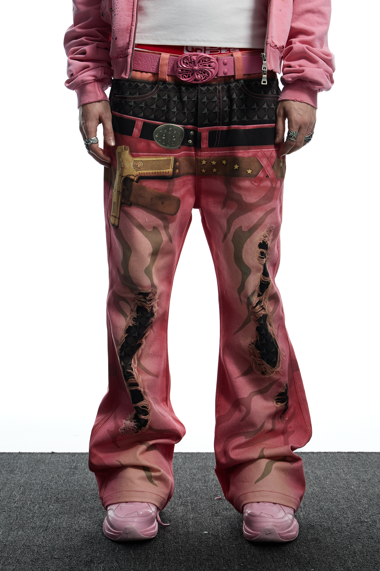 DND4DES Distressed Print Double-Waist Flare Jeans Pink, premium urban and streetwear designers apparel on PROJECTISR.com, DND4DES