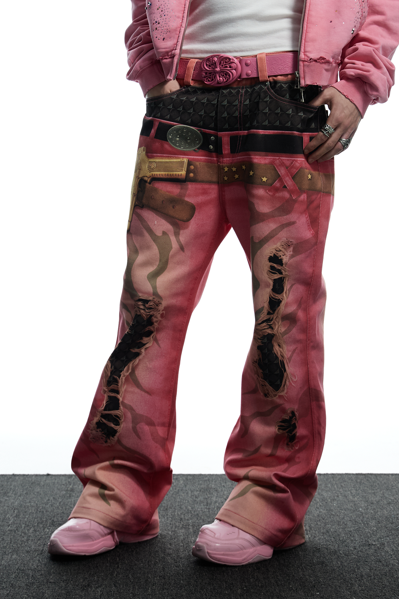 DND4DES Distressed Print Double-Waist Flare Jeans Pink, premium urban and streetwear designers apparel on PROJECTISR.com, DND4DES