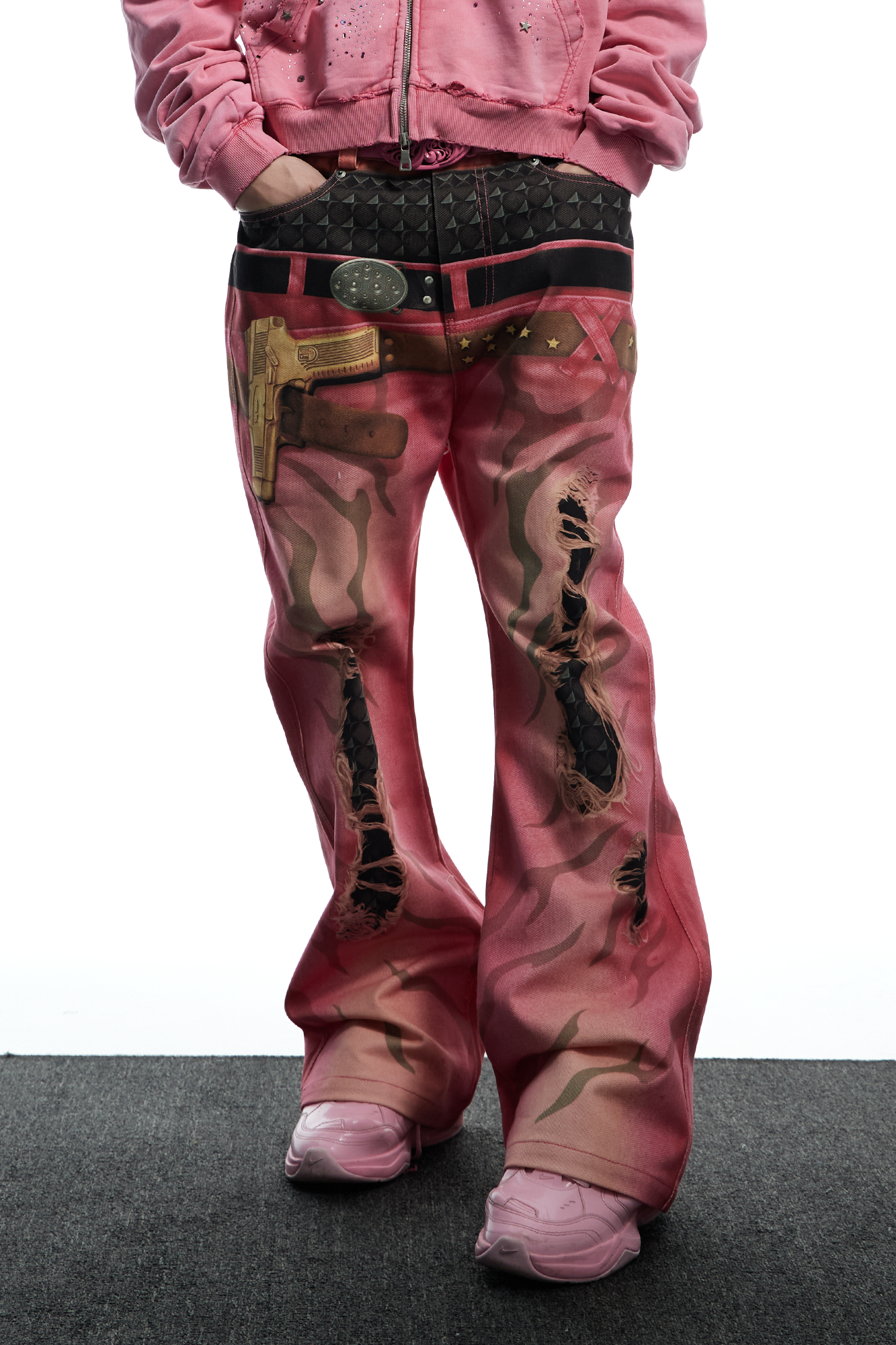 DND4DES Distressed Print Double-Waist Flare Jeans Pink, premium urban and streetwear designers apparel on PROJECTISR.com, DND4DES