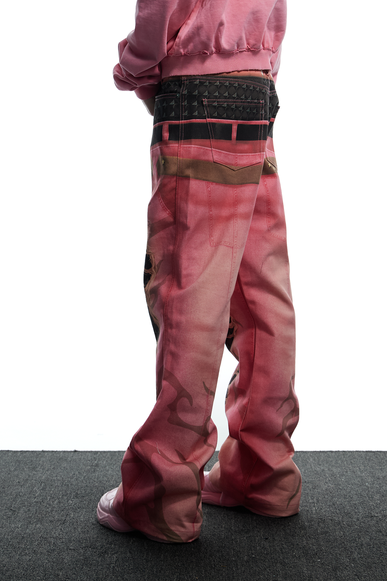 DND4DES Distressed Print Double-Waist Flare Jeans Pink, premium urban and streetwear designers apparel on PROJECTISR.com, DND4DES