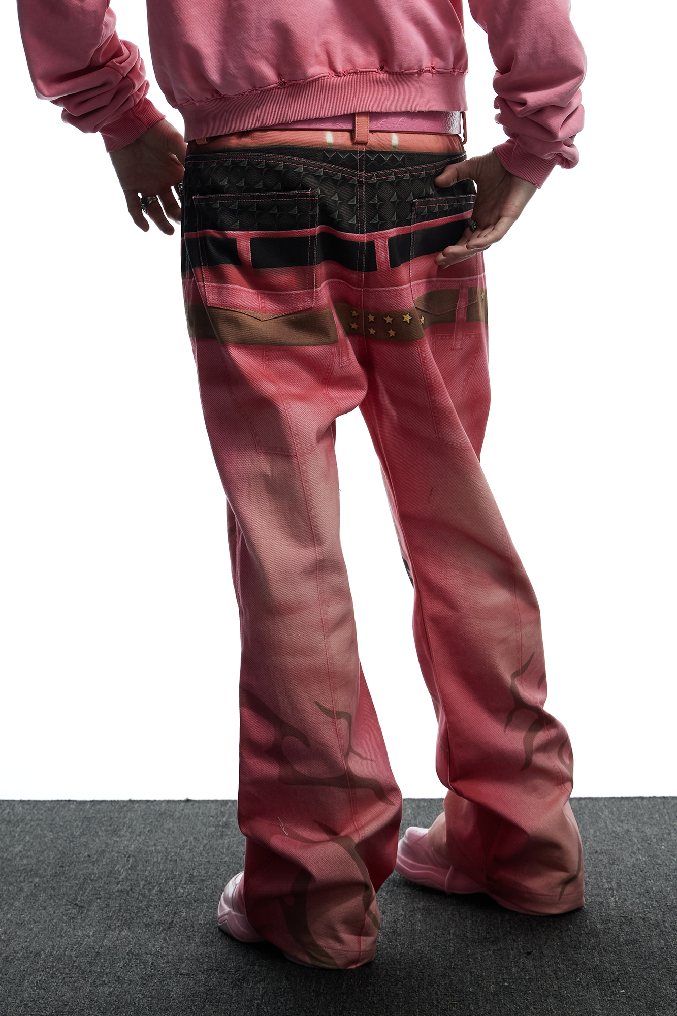 DND4DES Distressed Print Double-Waist Flare Jeans Pink, premium urban and streetwear designers apparel on PROJECTISR.com, DND4DES