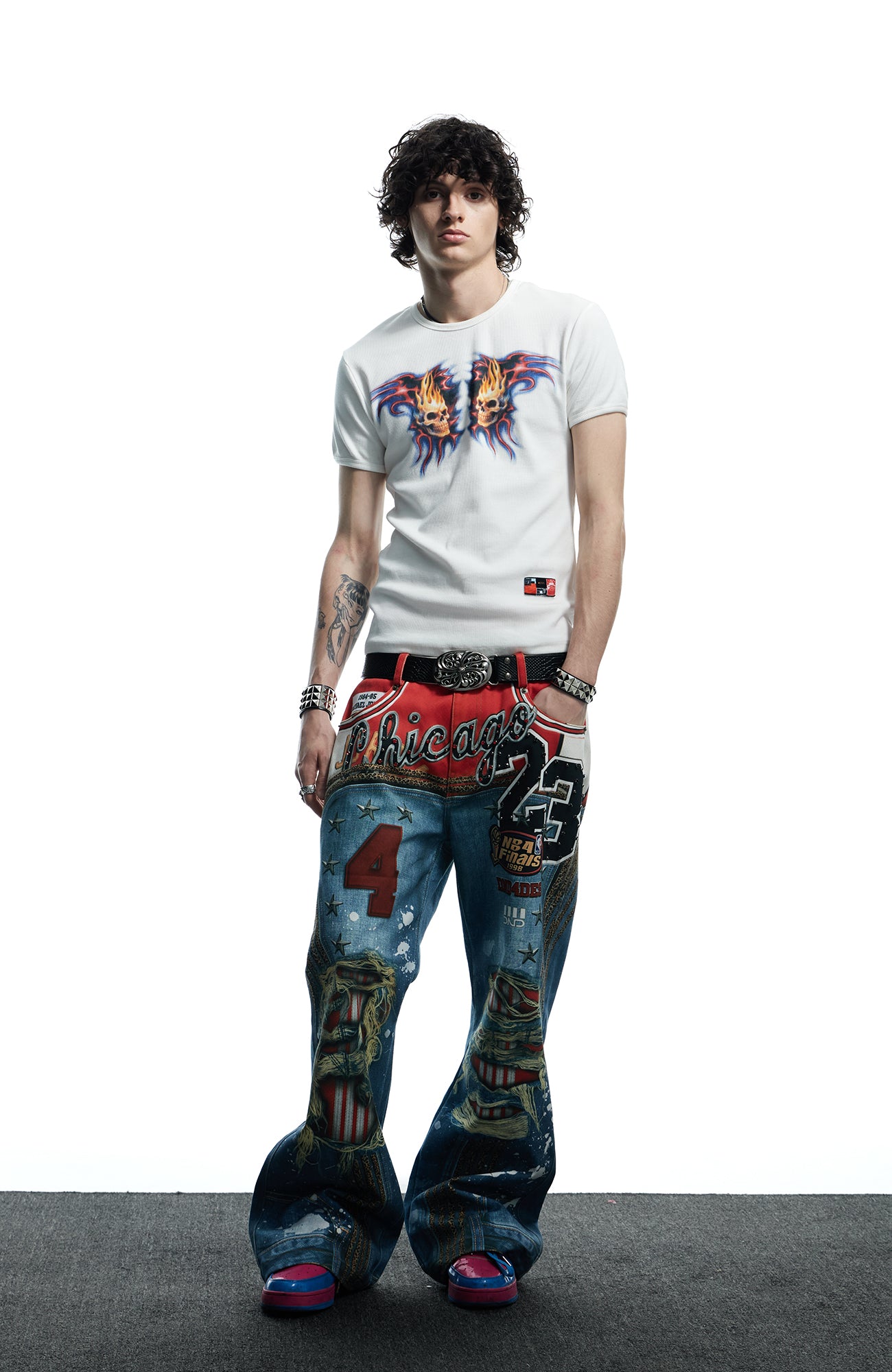 DND4DES Chicago Bulls Print Studded Flare Jeans, premium urban and streetwear designers apparel on PROJECTISR.com, DND4DES