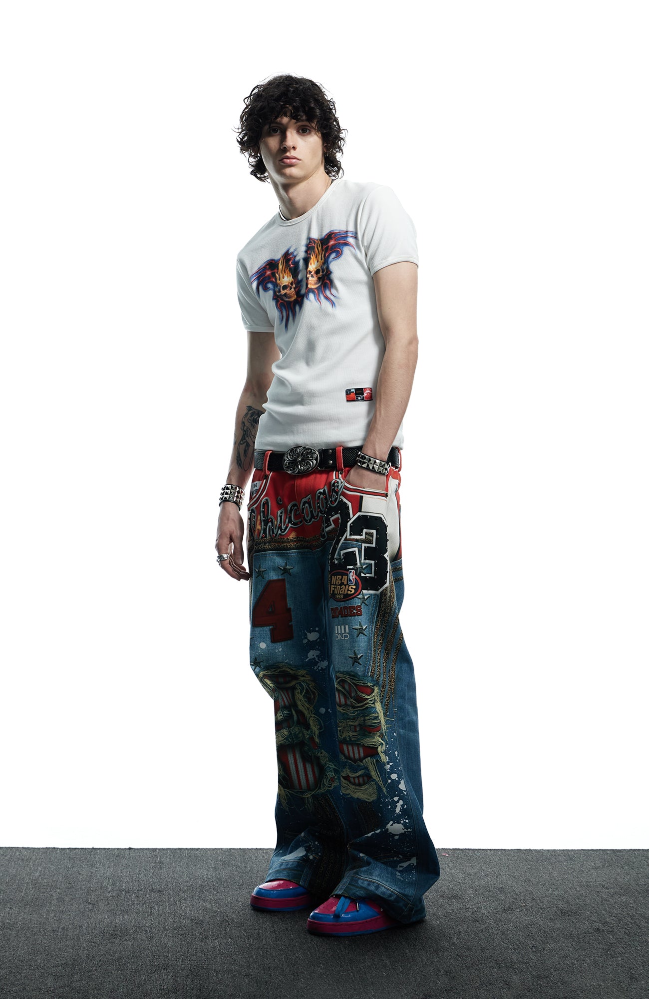 DND4DES Chicago Bulls Print Studded Flare Jeans, premium urban and streetwear designers apparel on PROJECTISR.com, DND4DES