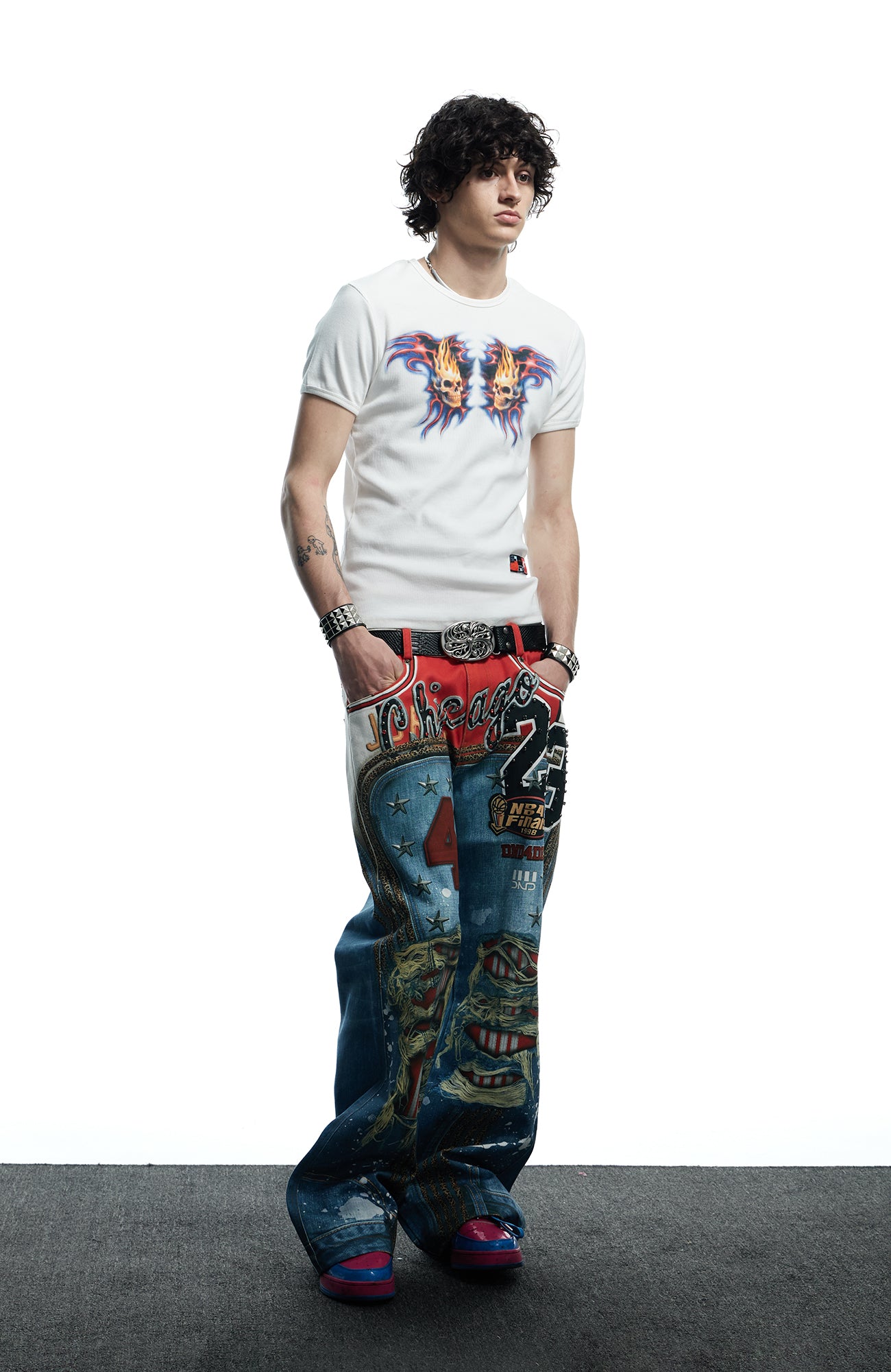 DND4DES Chicago Bulls Print Studded Flare Jeans, premium urban and streetwear designers apparel on PROJECTISR.com, DND4DES