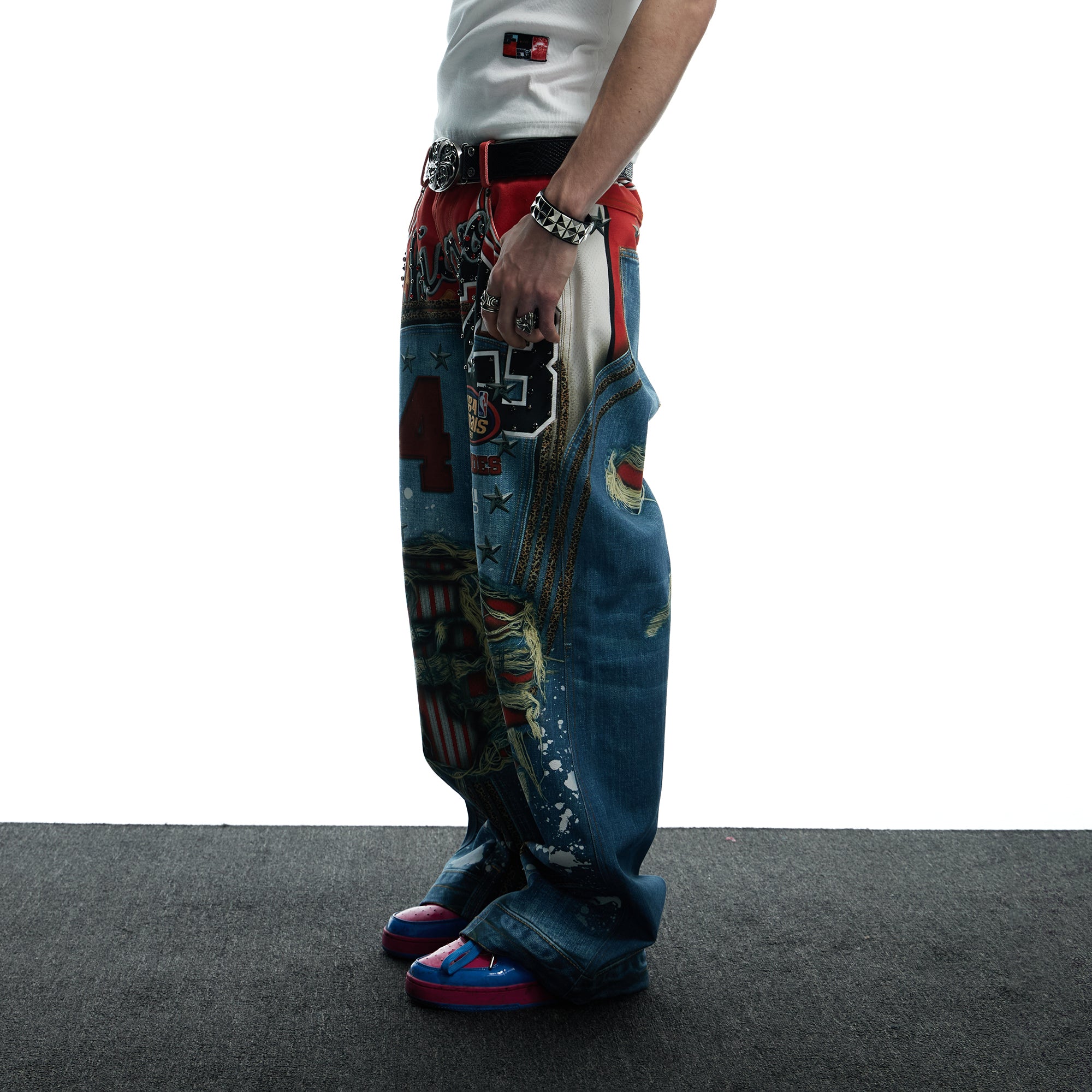 DND4DES Chicago Bulls Print Studded Flare Jeans, premium urban and streetwear designers apparel on PROJECTISR.com, DND4DES
