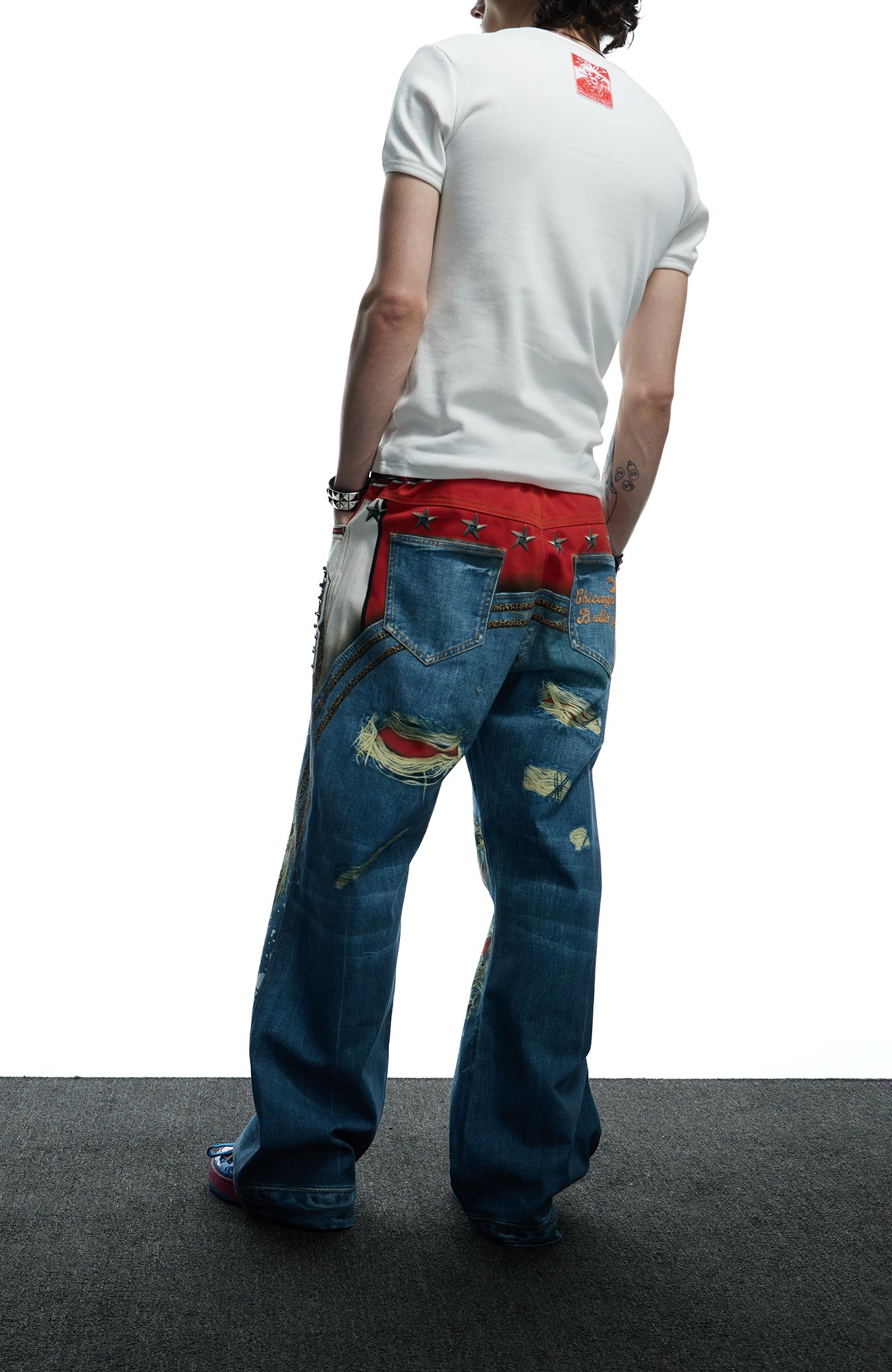 DND4DES Chicago Bulls Print Studded Flare Jeans, premium urban and streetwear designers apparel on PROJECTISR.com, DND4DES
