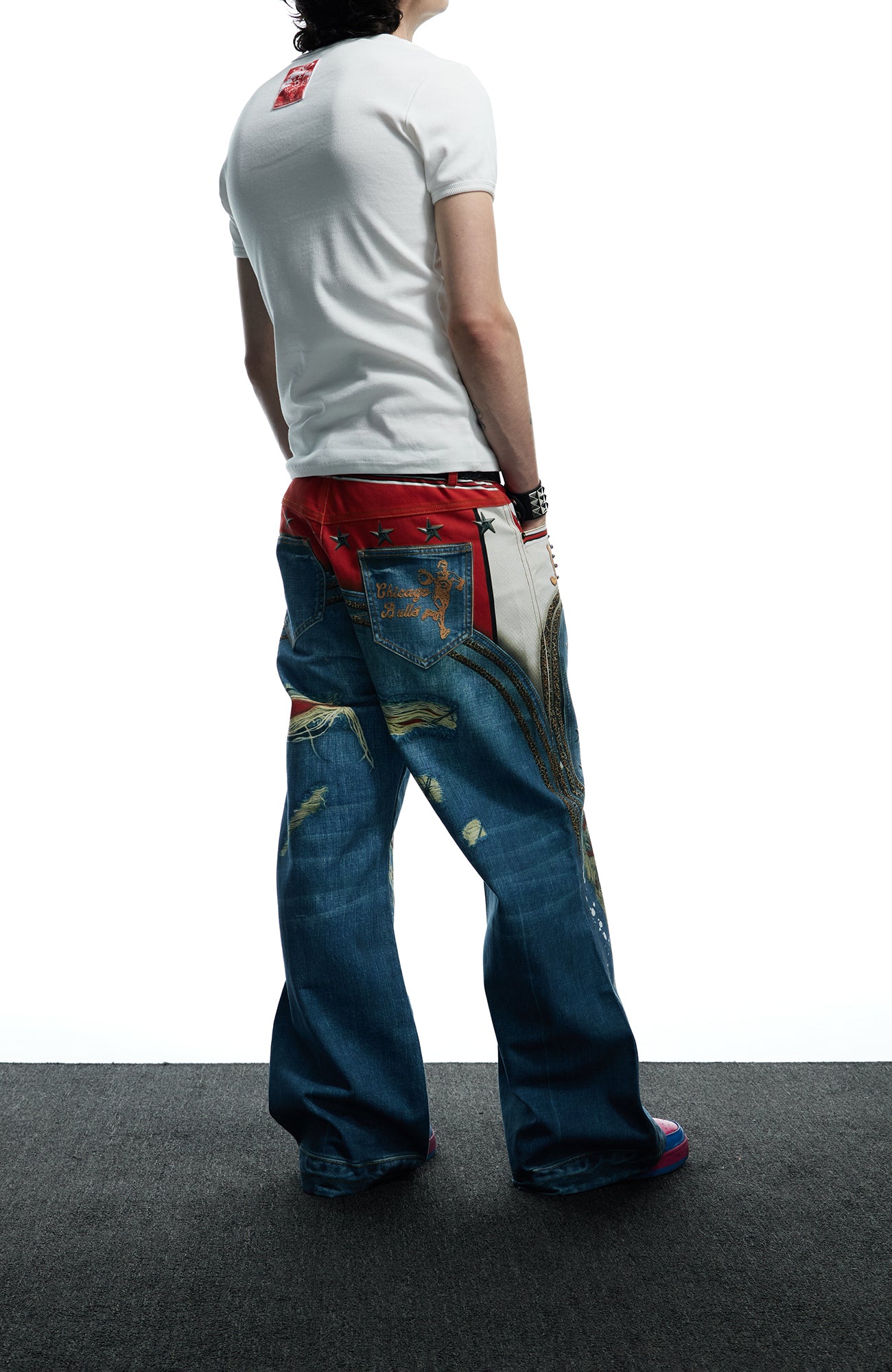 DND4DES Chicago Bulls Print Studded Flare Jeans, premium urban and streetwear designers apparel on PROJECTISR.com, DND4DES