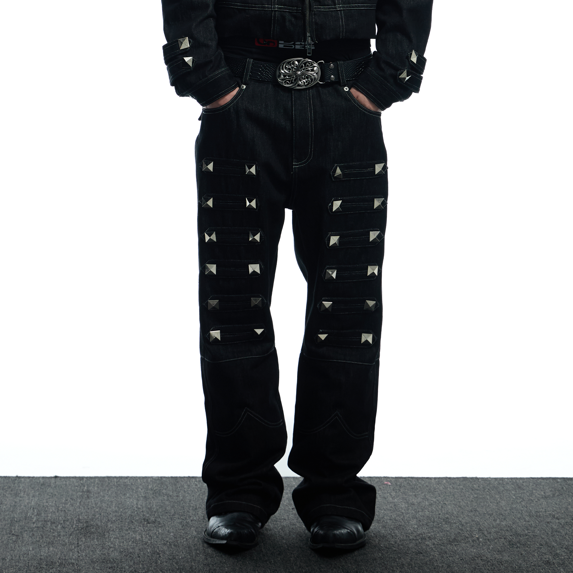 DND4DES Studded Raw Denim Flare Jeans, premium urban and streetwear designers apparel on PROJECTISR.com, DND4DES