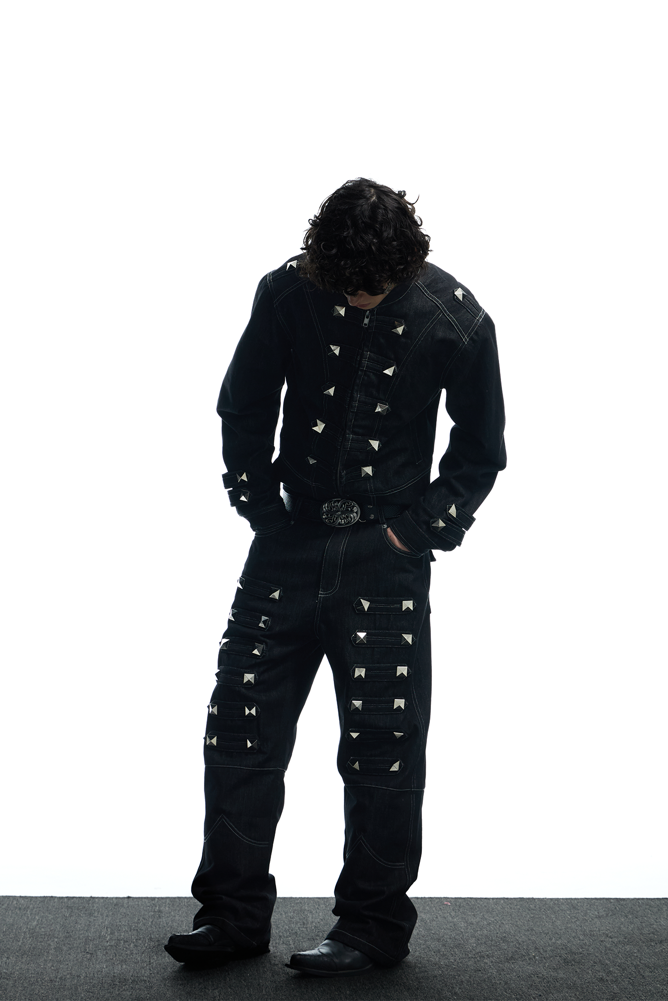 DND4DES Studded Stand Collar Raw Denim Jacket, premium urban and streetwear designers apparel on PROJECTISR.com, DND4DES