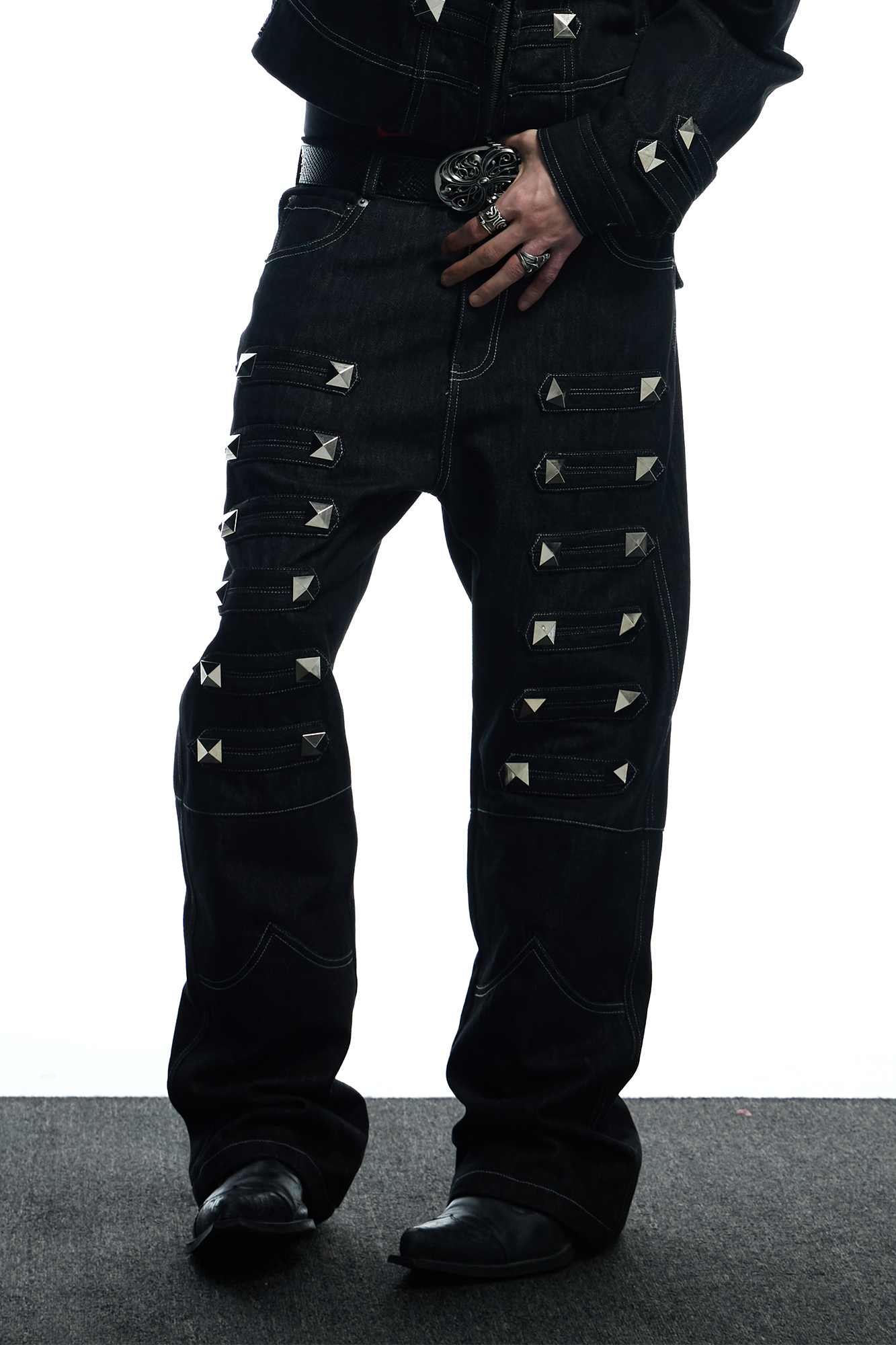 DND4DES Studded Raw Denim Flare Jeans, premium urban and streetwear designers apparel on PROJECTISR.com, DND4DES