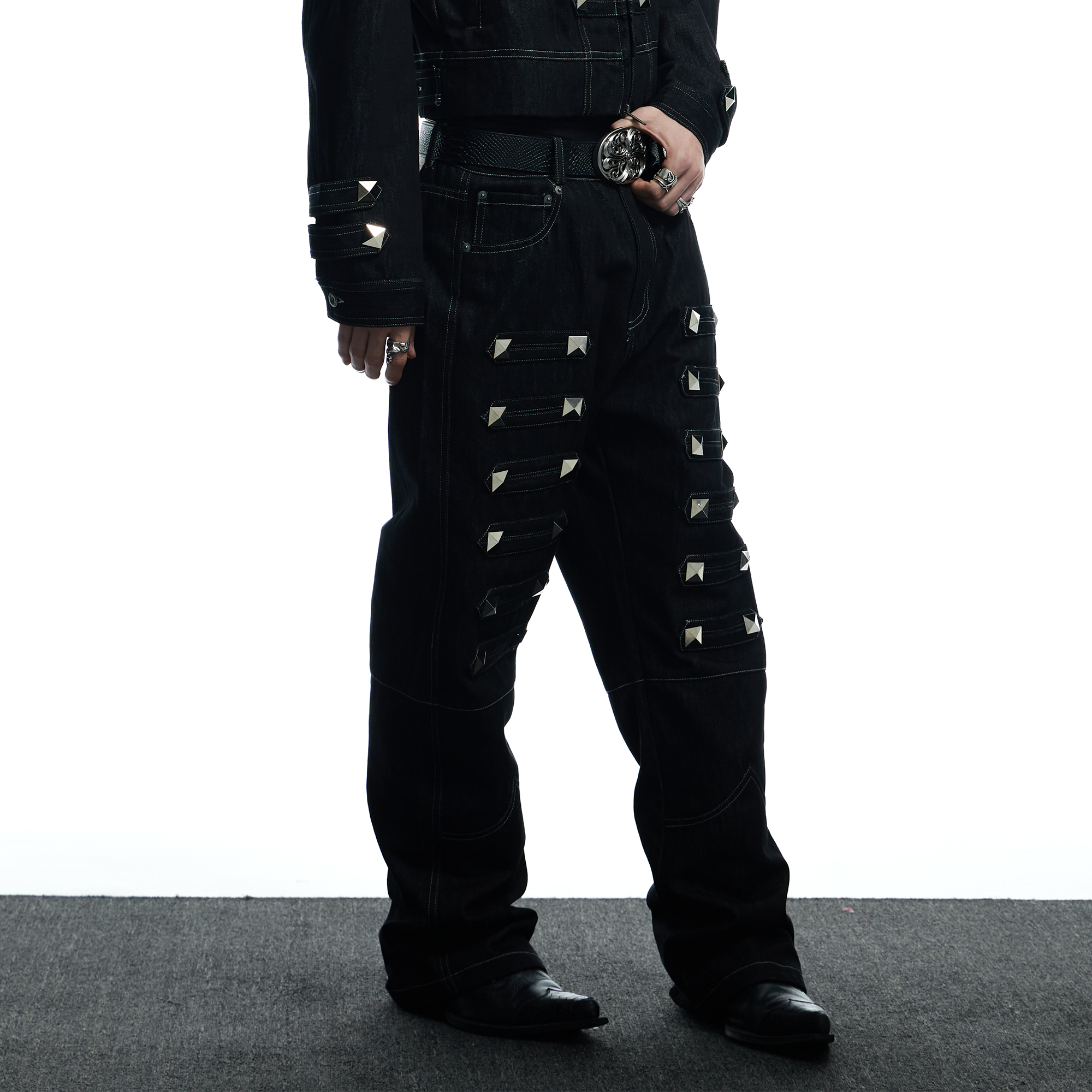 DND4DES Studded Raw Denim Flare Jeans, premium urban and streetwear designers apparel on PROJECTISR.com, DND4DES