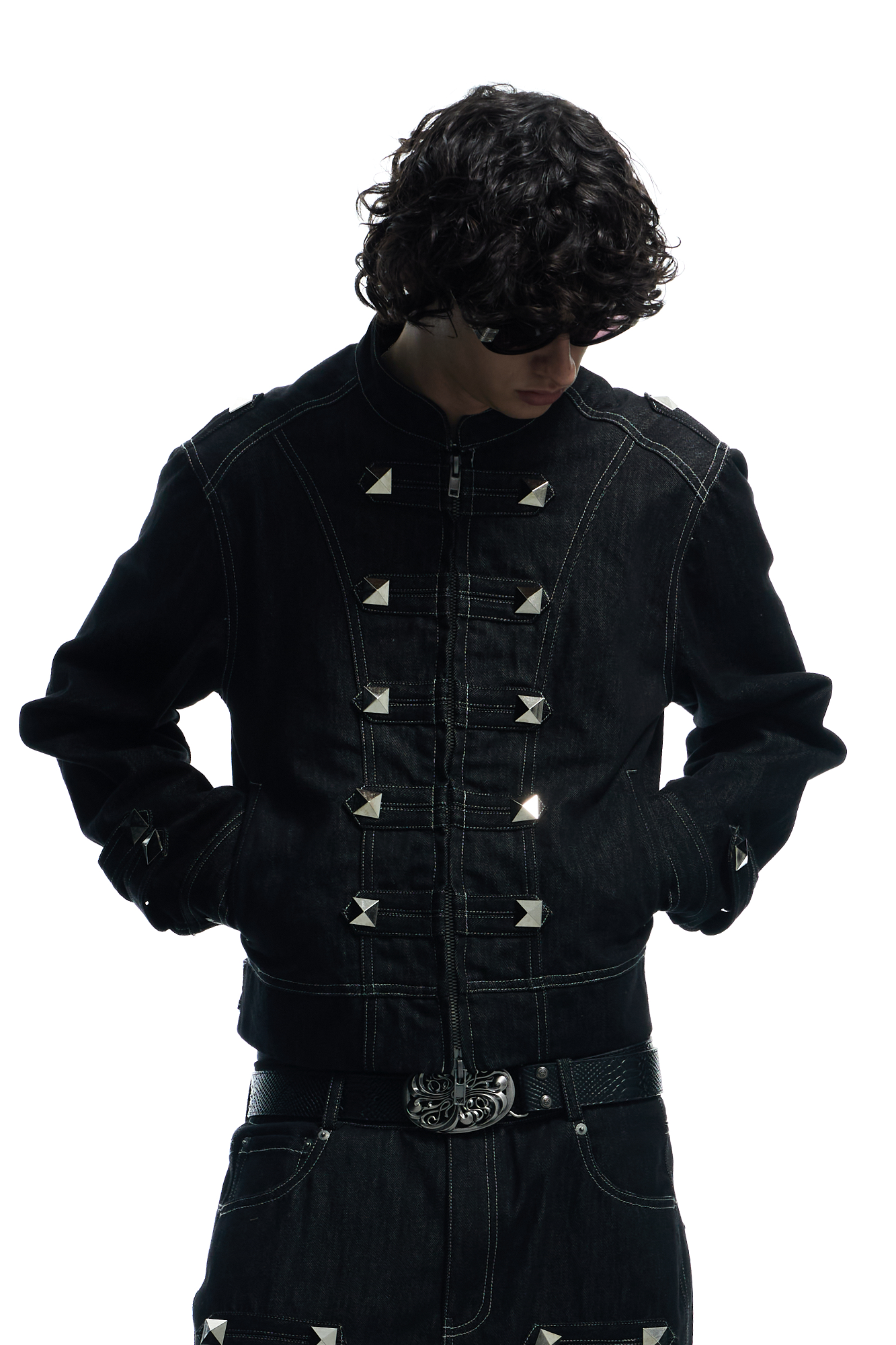 DND4DES Studded Stand Collar Raw Denim Jacket, premium urban and streetwear designers apparel on PROJECTISR.com, DND4DES