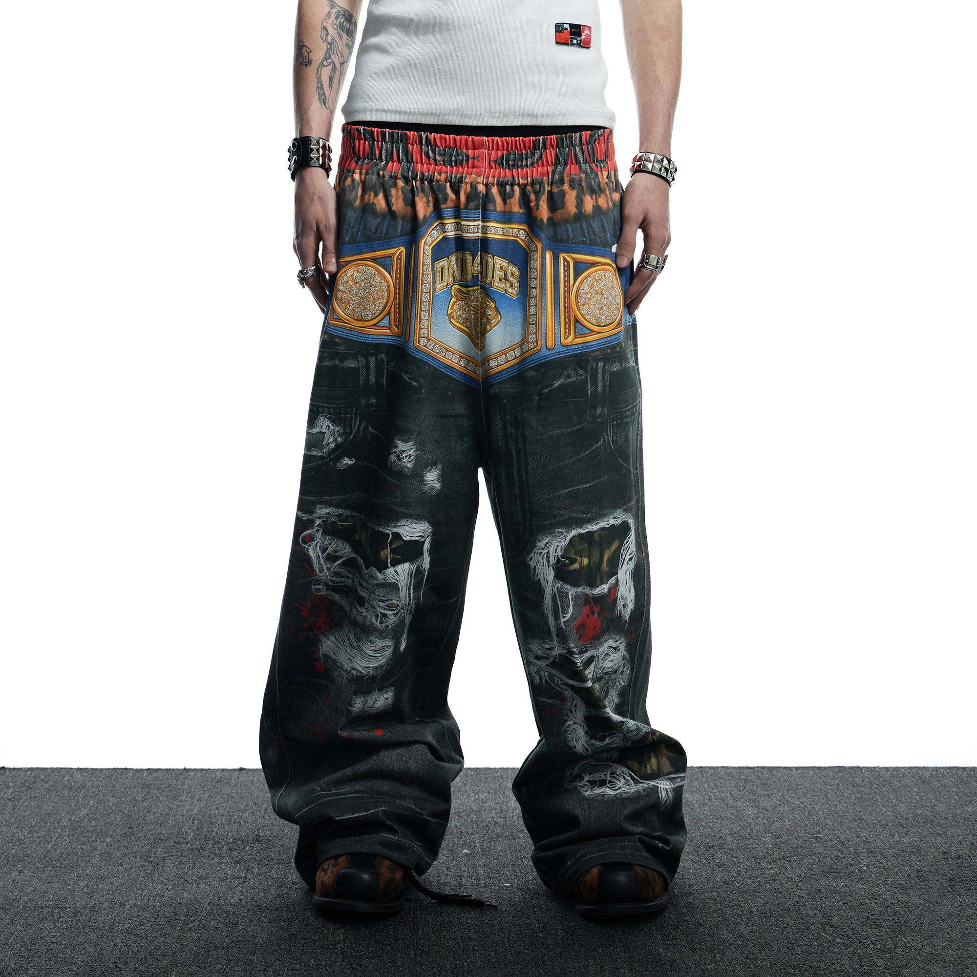 DND4DES Boxing Championship Belt Print Baggy Trousers, premium urban and streetwear designers apparel on PROJECTISR.com, DND4DES