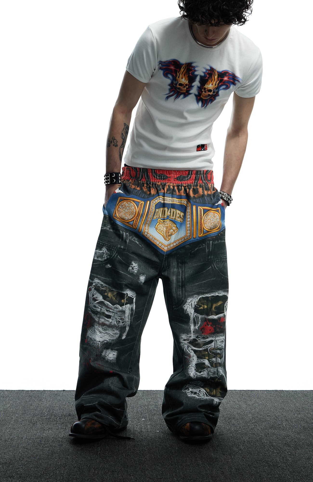 DND4DES Boxing Championship Belt Print Baggy Trousers, premium urban and streetwear designers apparel on PROJECTISR.com, DND4DES