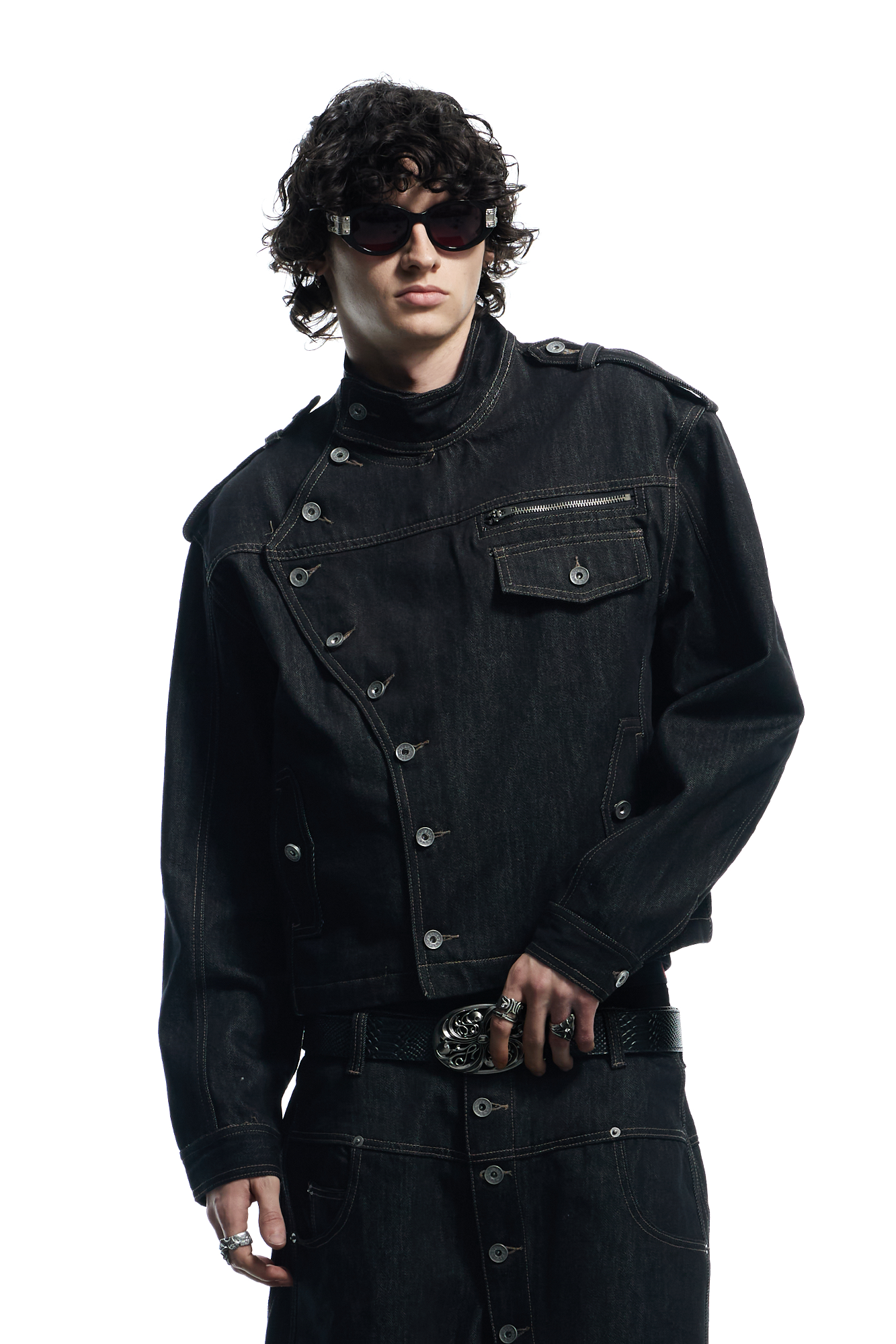 DND4DES Asymmetric Button Stand Collar Raw Denim Jacket