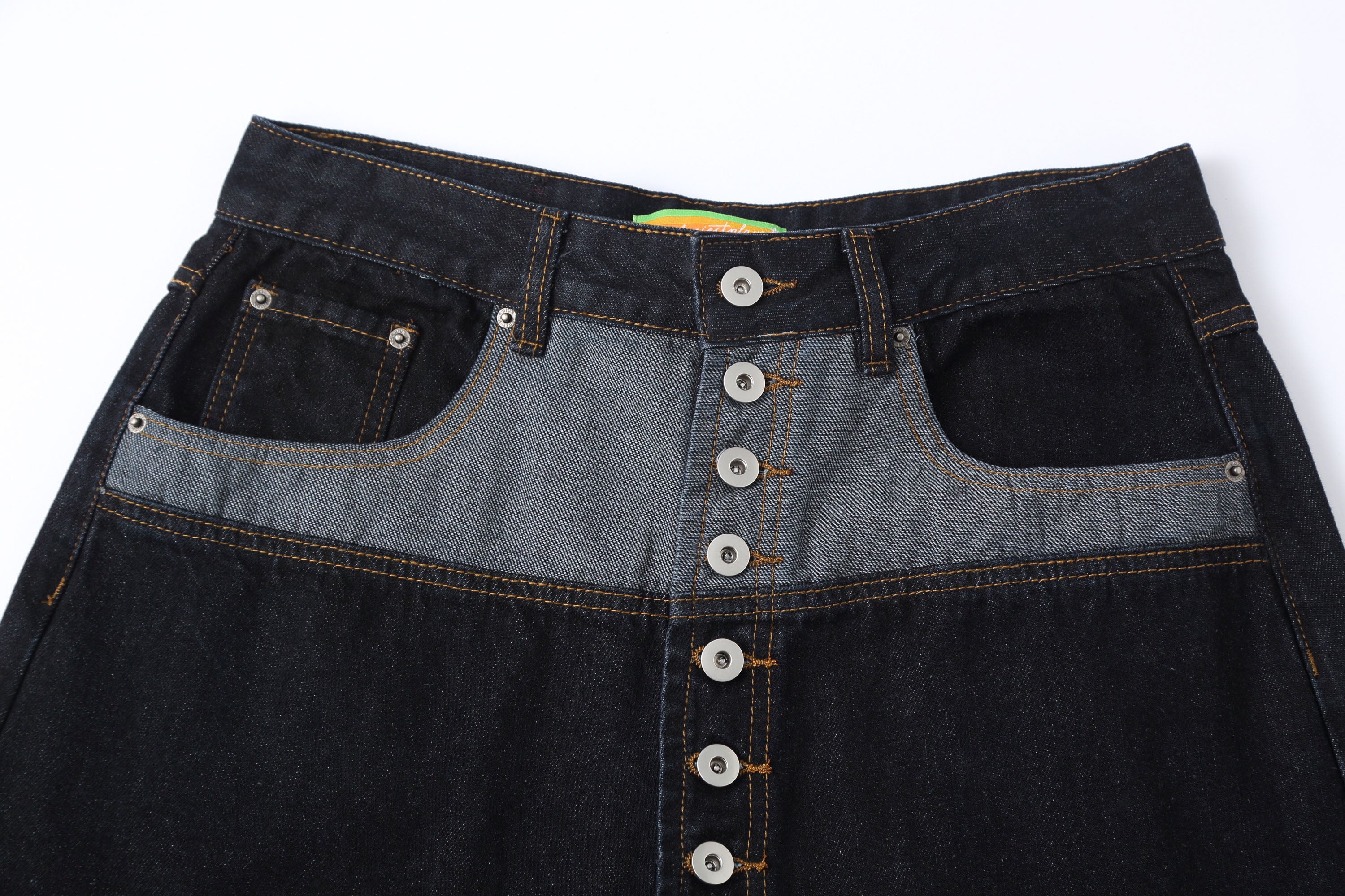 CLP Contrast-Waist Botton-Fly Oversized Raw Jeans, premium urban and streetwear designers apparel on PROJECTISR.com, CLP
