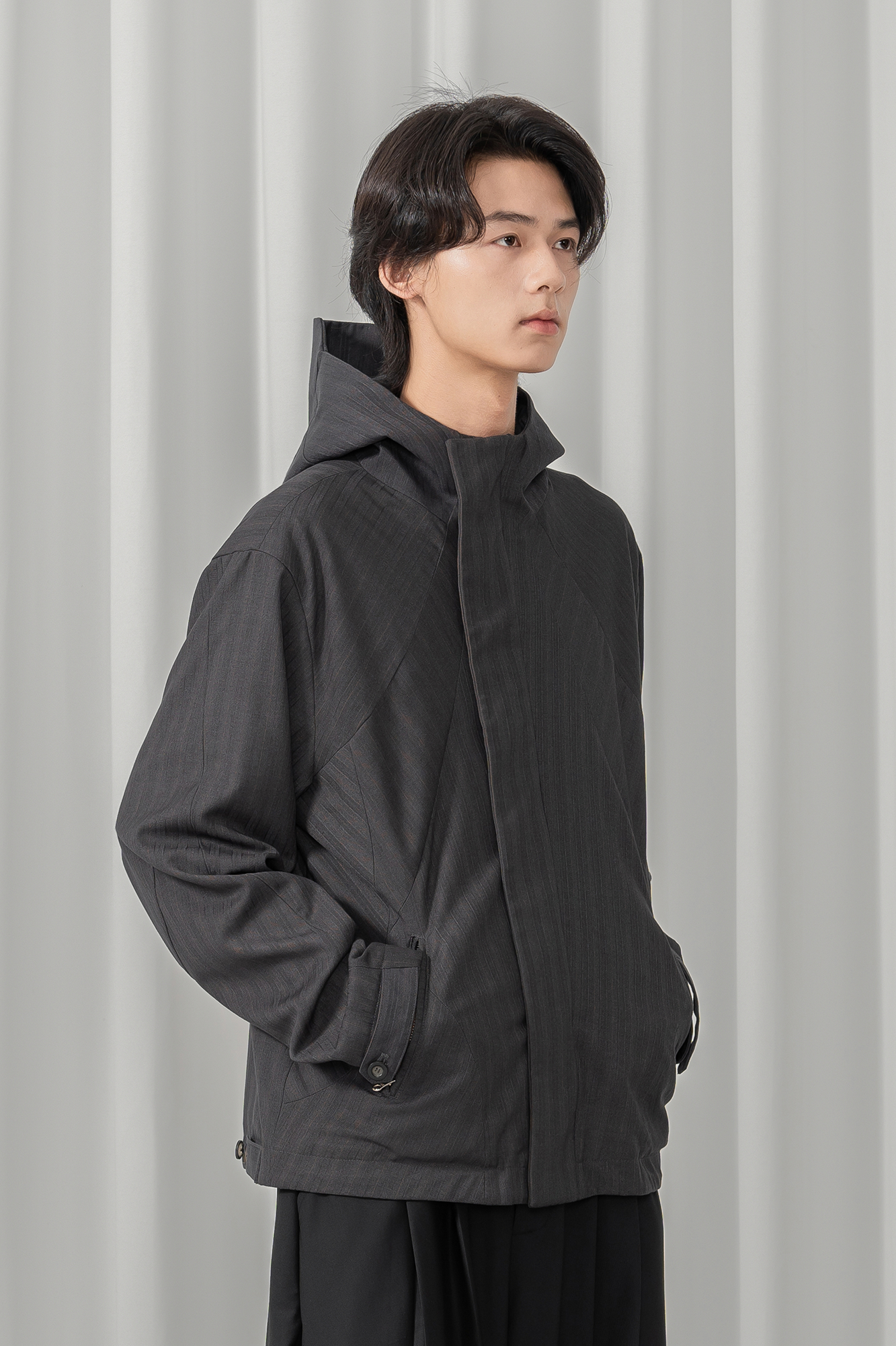 MOITIEDEPETALE Striped Magnetic-Front Hooded Coat
