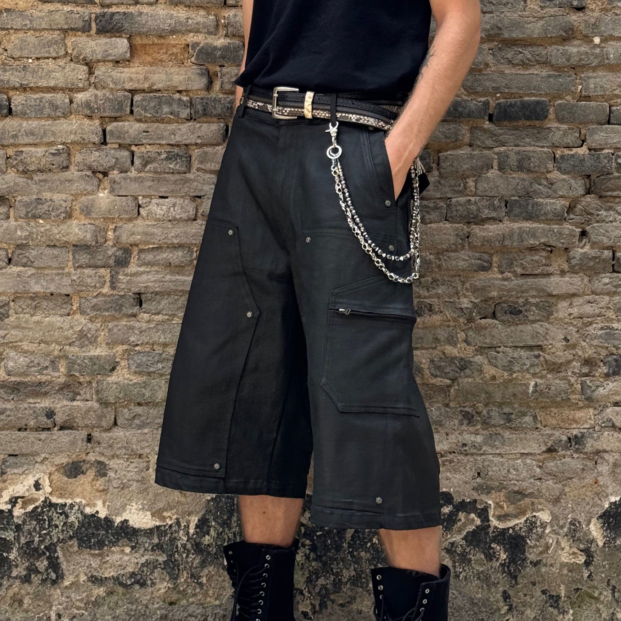 LUUUCAM Waxed Rivet Double-Knee Capri Shorts, premium urban and streetwear designers apparel on PROJECTISR.com, LUUUCAM