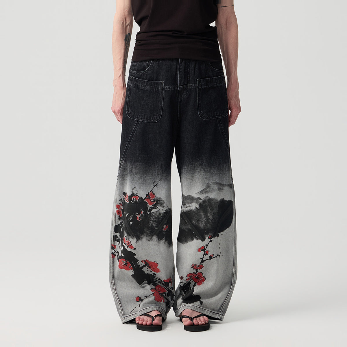 HAHAHA STUDIOS Ink Plum Blossom Washed Wide-Leg Jeans — square · back